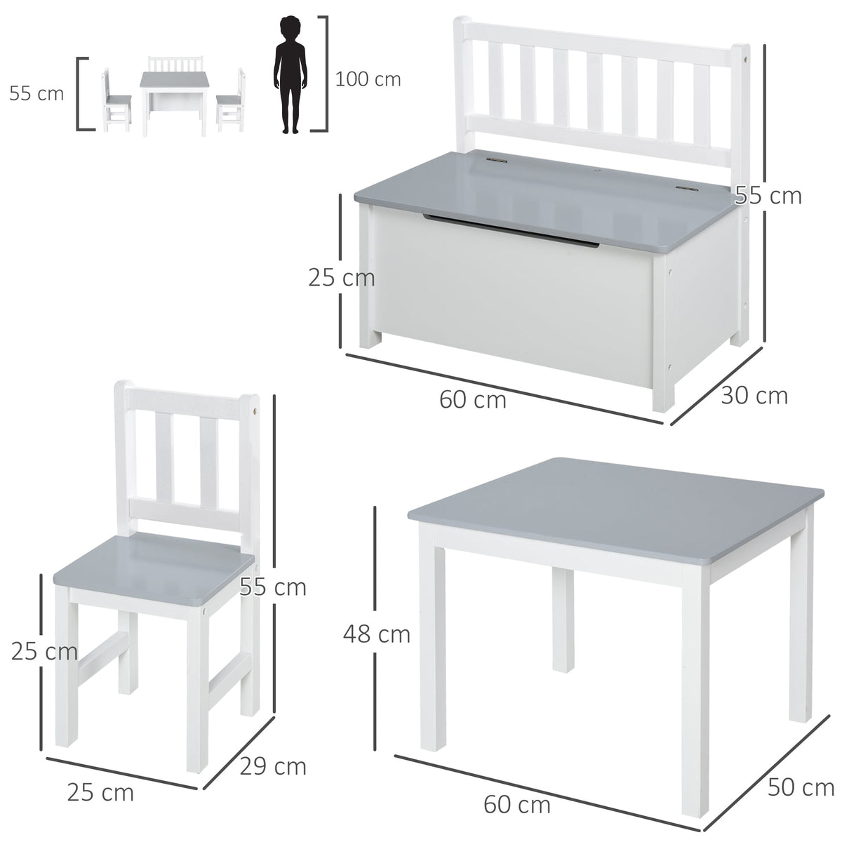 HOMCOM 4-Piece Kids Table and Chair Set with 2 Wooden Chairs, 1 Storage Bench, and Interesting Modern Design, Grey/White