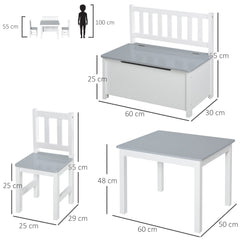 HOMCOM 4-Piece Kids Table and Chair Set with 2 Wooden Chairs, 1 Storage Bench, and Interesting Modern Design, Grey/White