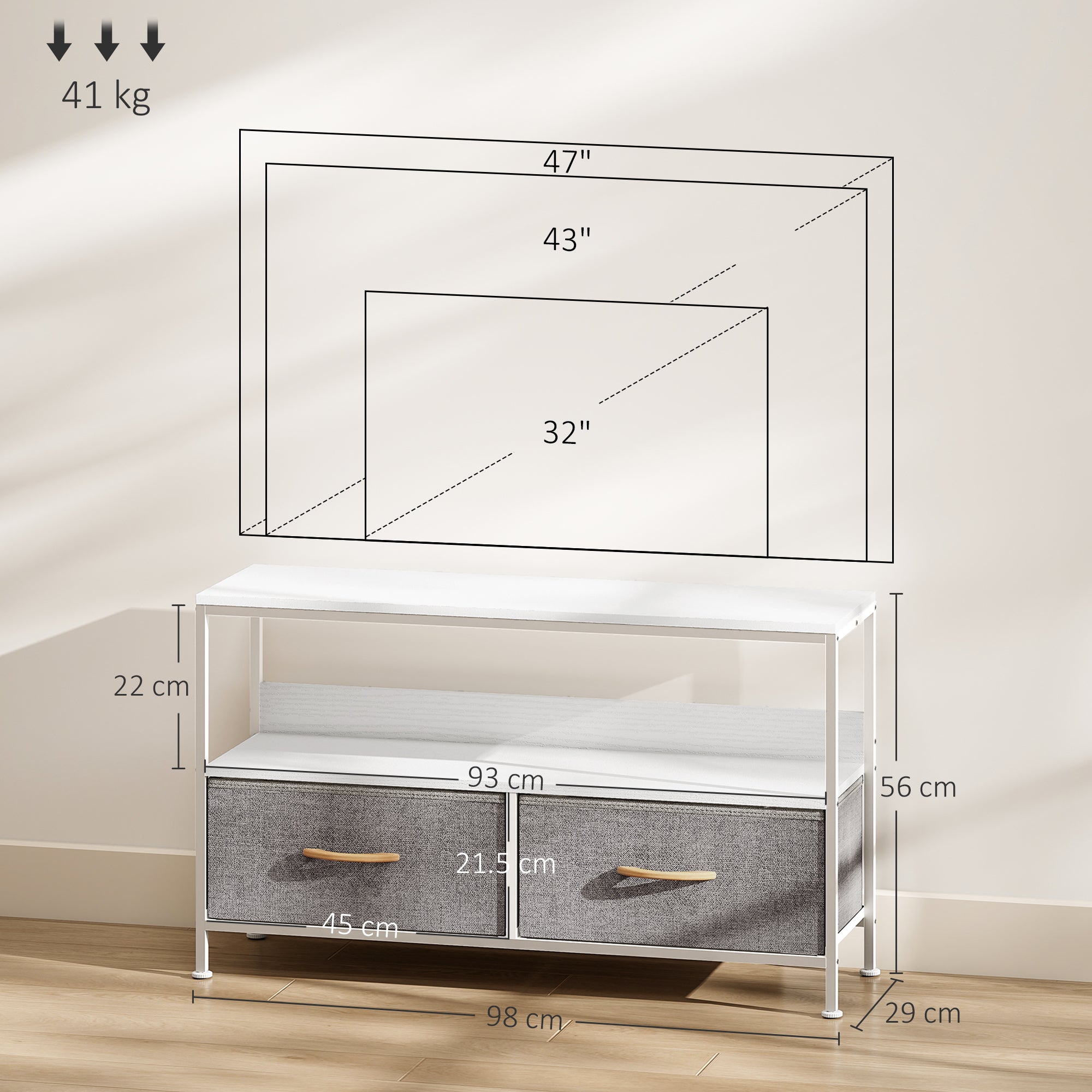 HOMCOM TV Stand Cabinet with 2 Foldable Drawers - White