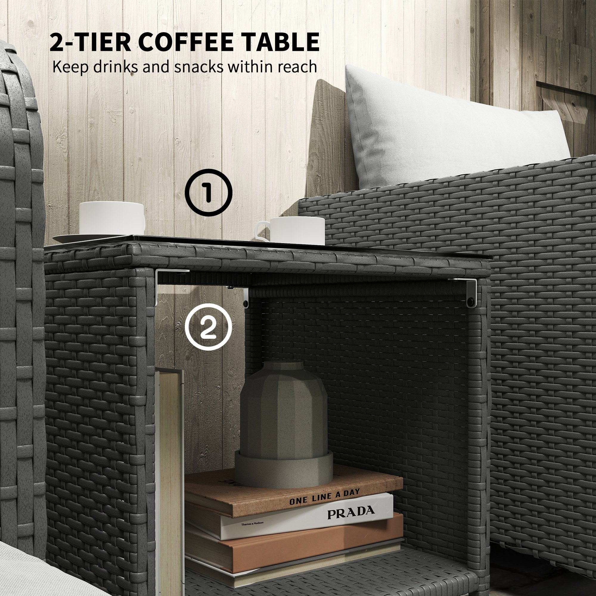 Outsunny Five Piece Rattan Garden Furniture Set with 2-Tier Coffee Table and Ottomans - Grey