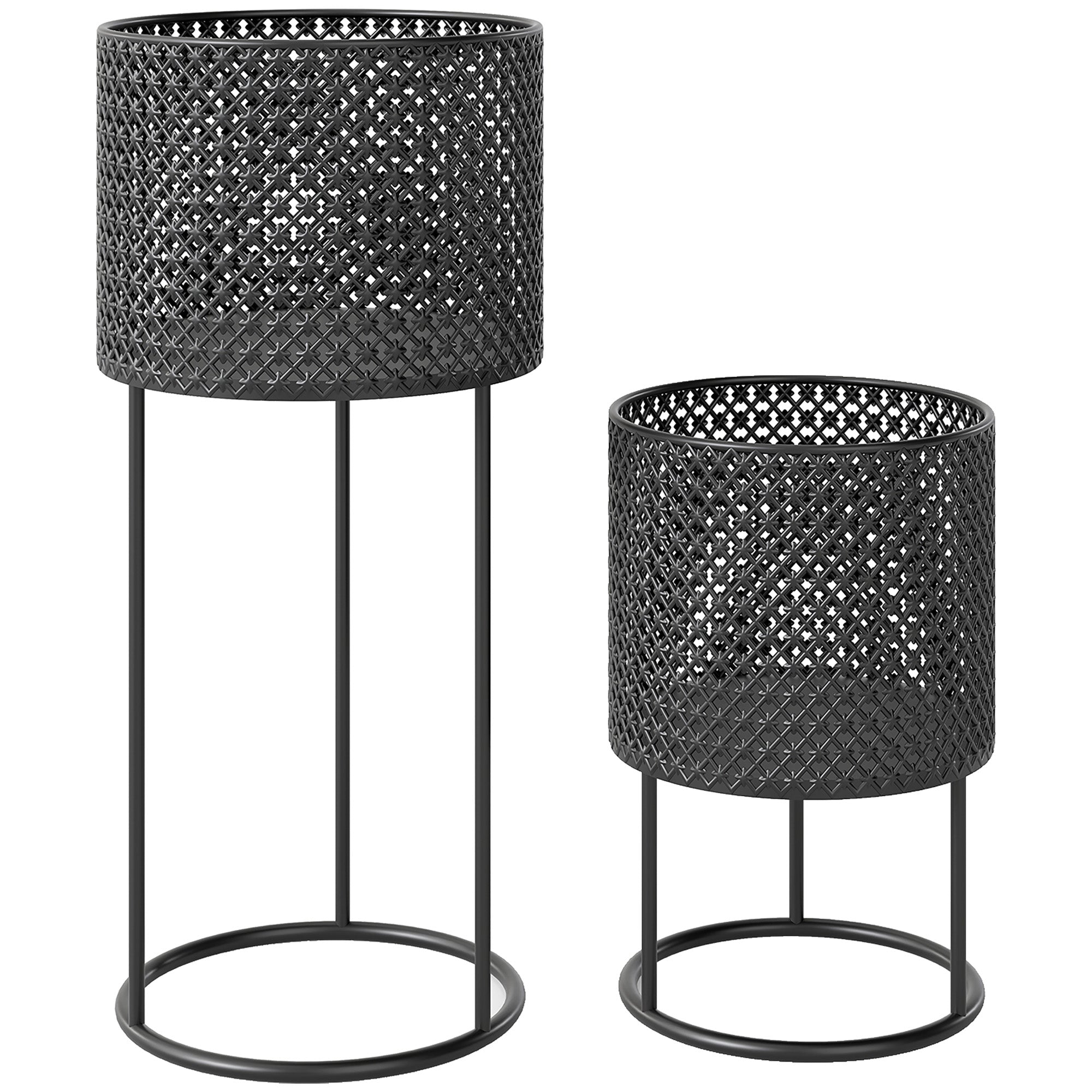Outsunny Metal Plant Pots Set of 2 with Hollow Design Flower Planters for Garden Balcony Black