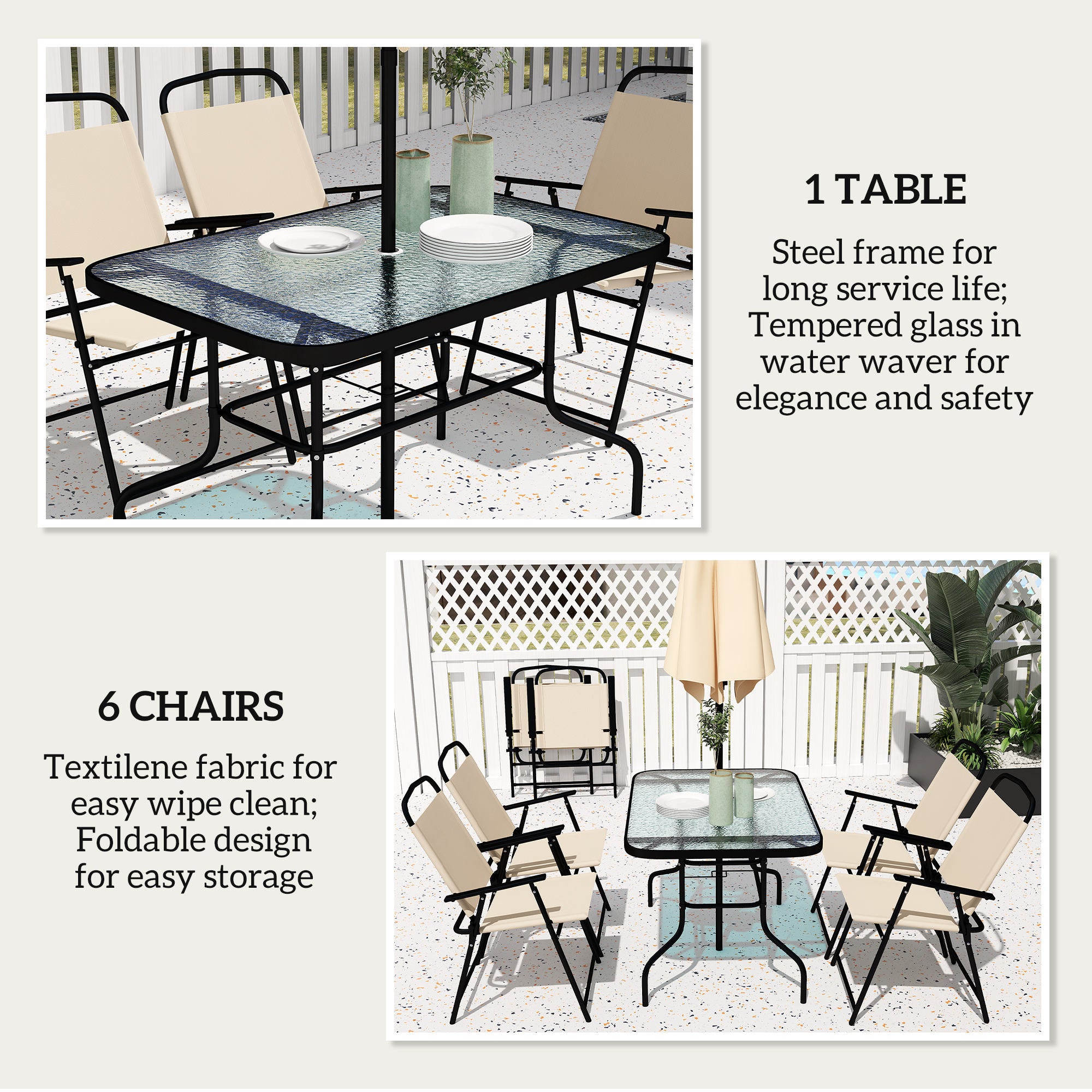 Outsunny 8 Pieces Garden Dining Set with Umbrella, Patio Sets with Parasol with 6 Foldable Chairs, Glass Top Table, and Sun Parasol, Beige