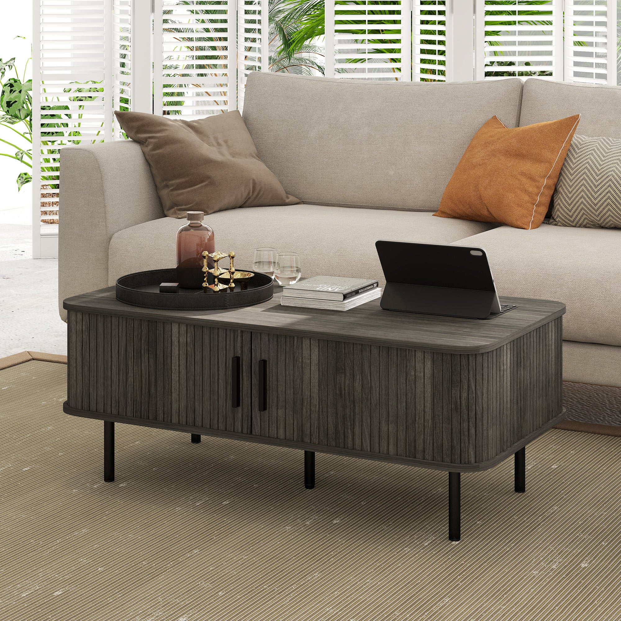 HOMCOM Coffee Table with Storage, Living Room Table with Slatted Tambour Sliding Doors and Foot Pads, Rectangular Coffee Table with Elevated Base for Living Room, Grey Wood-Effect