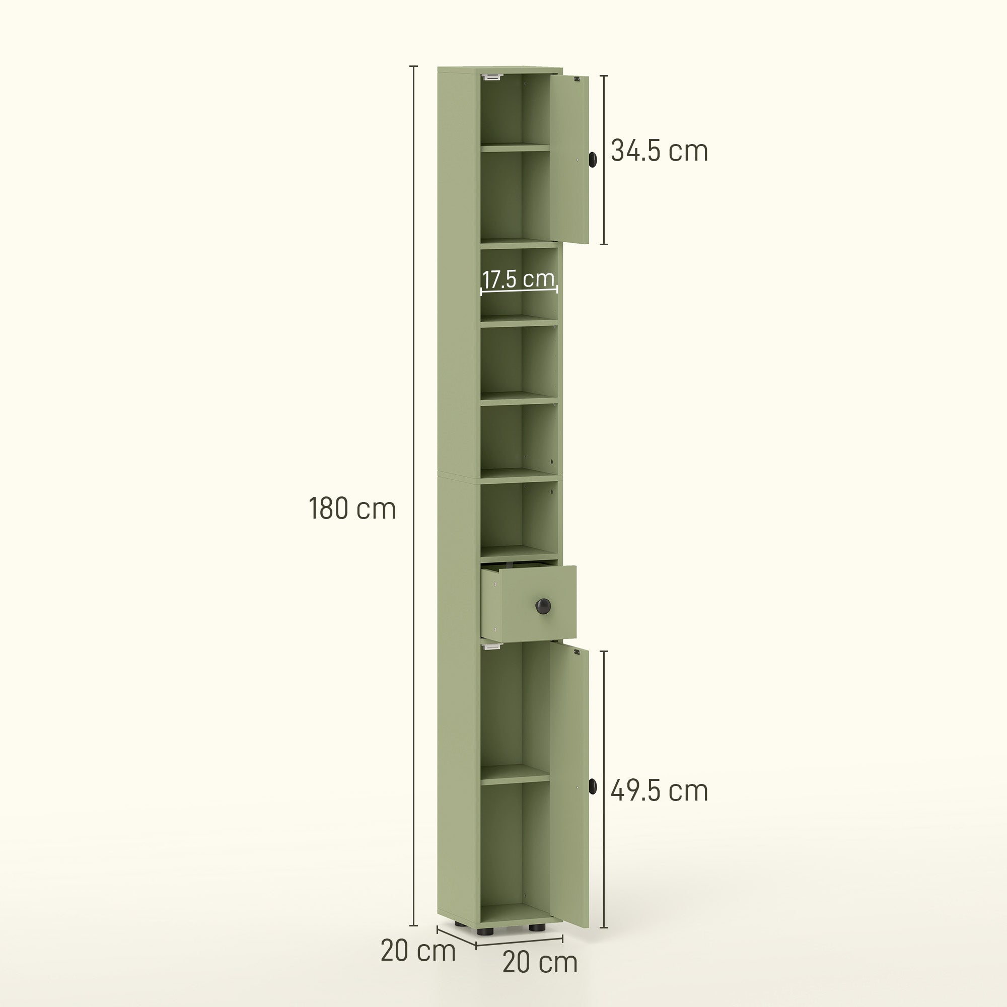 kleankin 180cm Slim Bathroom Cabinet, with Drawer, Shelves and Cupboards - Green