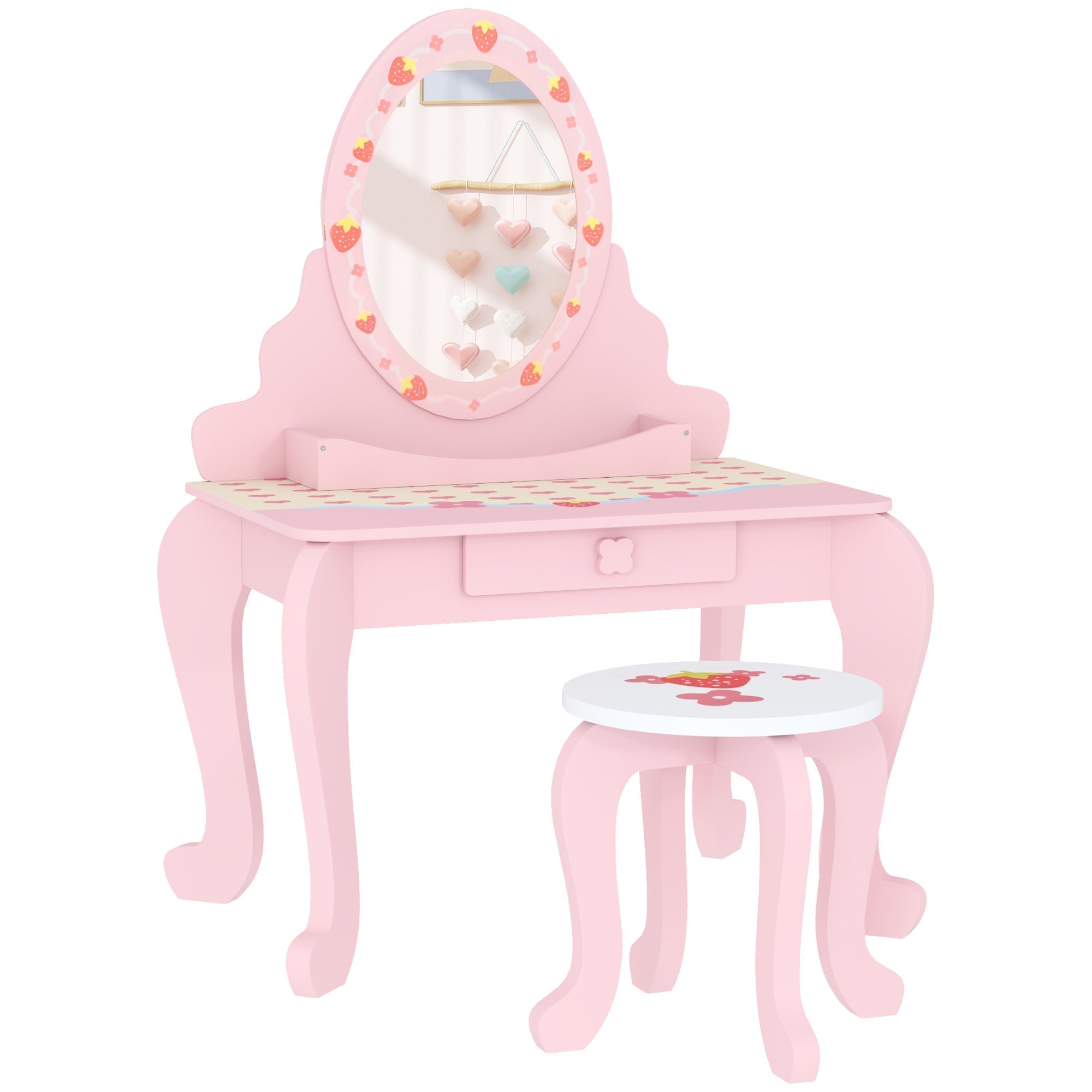 AIYAPLAY Kids Dressing Table Set, Vanity Table with Stool, Mirror, Drawer, Desktop, Storage, Strawberry-Theme, Pink