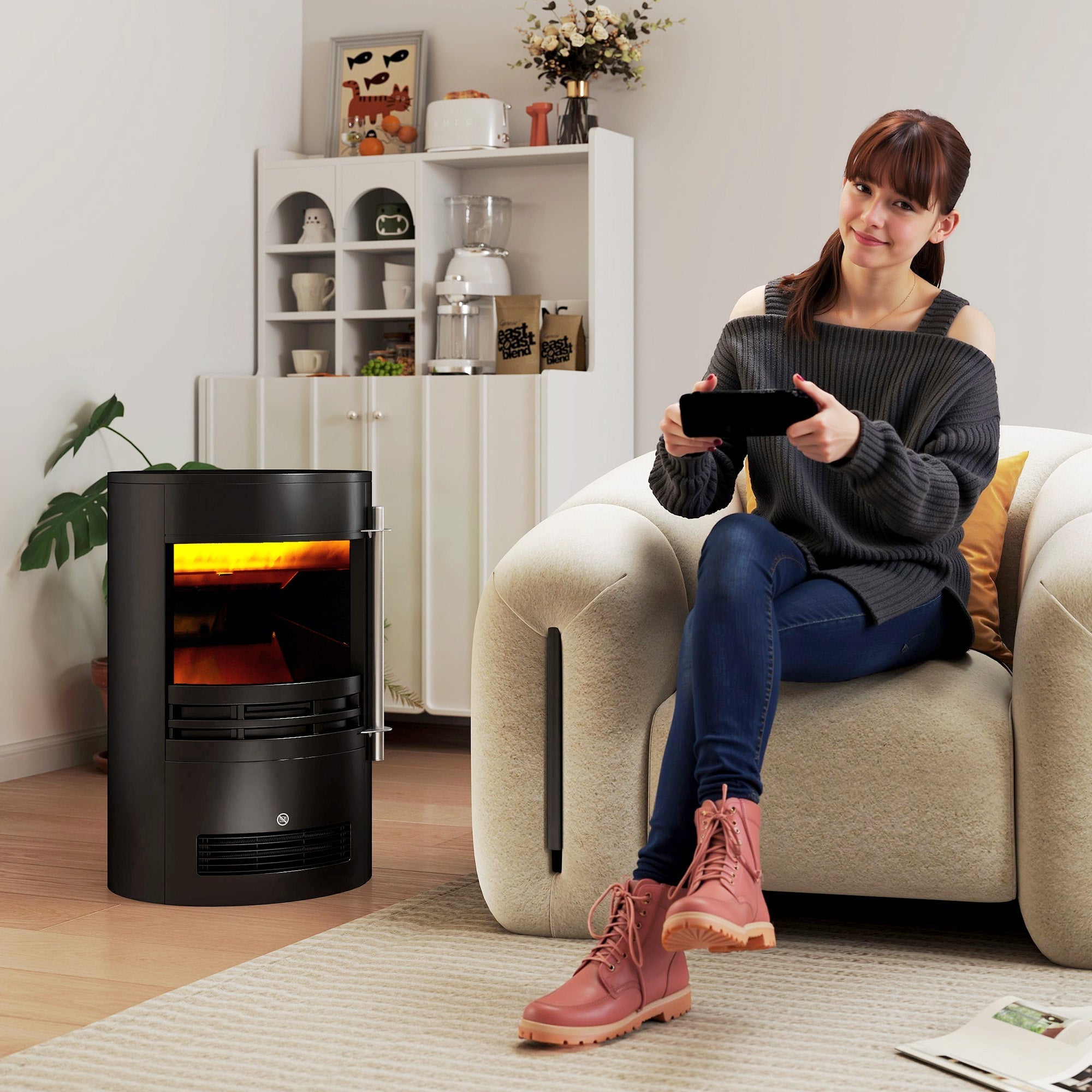 HOMCOM 1000W/2000W Freestanding Electric Fireplace, Indoor Heater Fire Stove with Log Burner Effect Flame, Thermostat Control