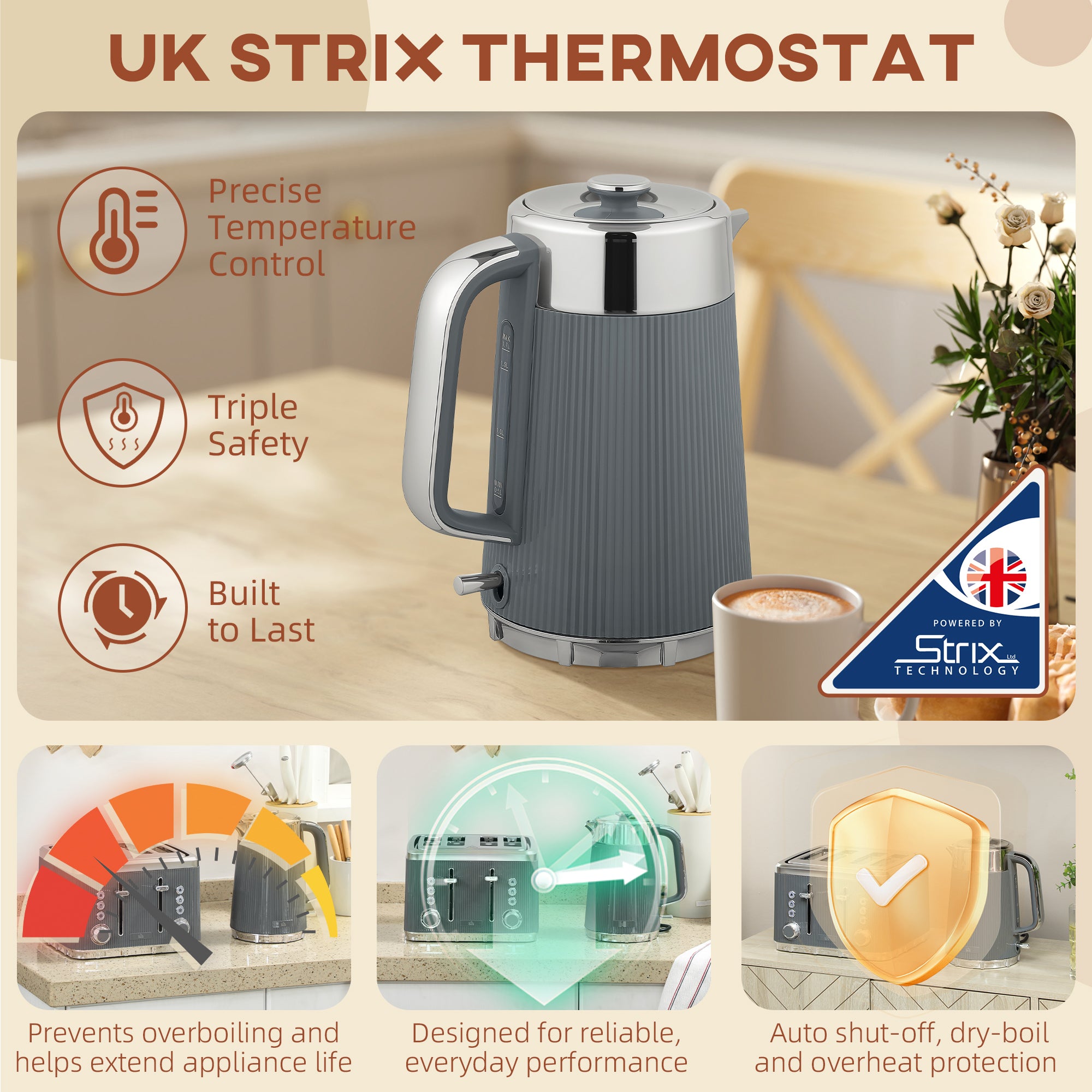 HOMCOM Electric Kettle and Toaster Set, 3000W 1.7L UK Strix Thermostat Rapid Boil Jug Kettle with Limescale Filter, Cool Touch Body, 4 Slice Toaster with 7 Browning Controls, Crumb Tray, Grey