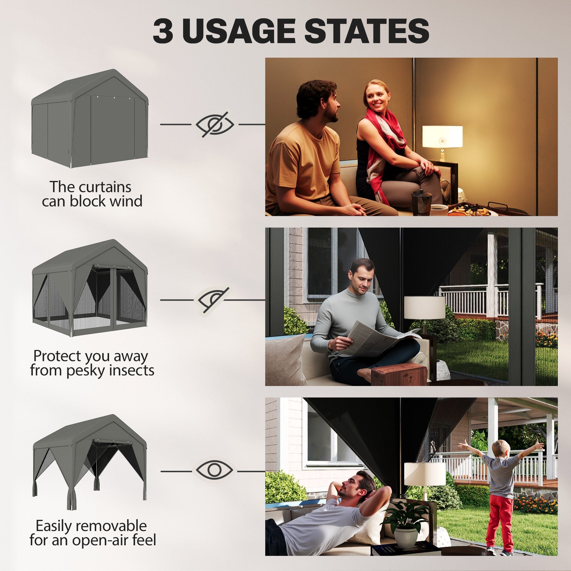 Outsunny 3 x 3 m Patio Gazebo with Netting & Curtains, Outdoor Canopy Shelter with Galvanised Steel Frame, Dark Grey