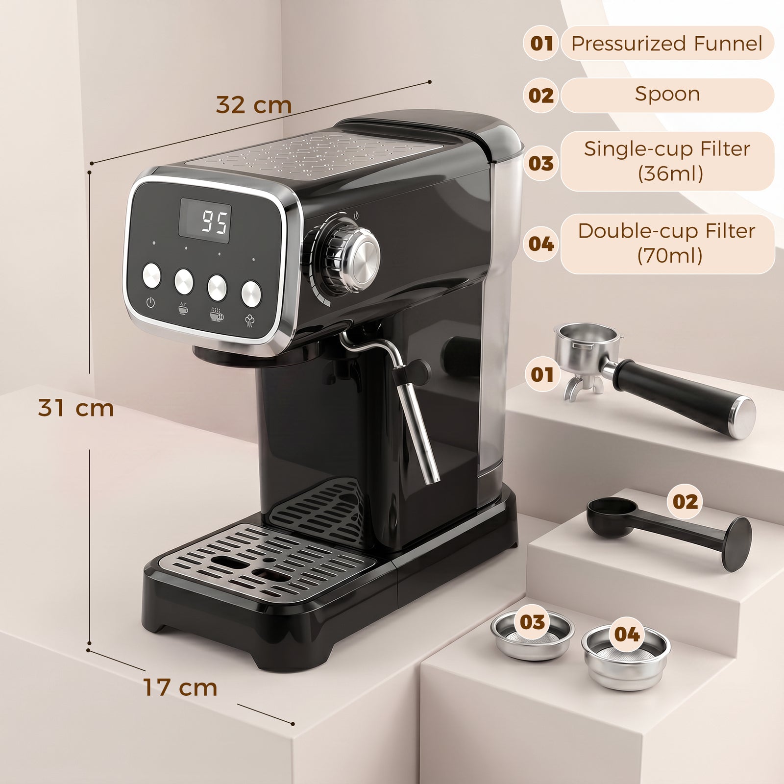 HOMCOM Espresso Machine, 20-Bar Cappuccino Coffee Maker with Frother Wand, 1.2 L Water Tank, Black