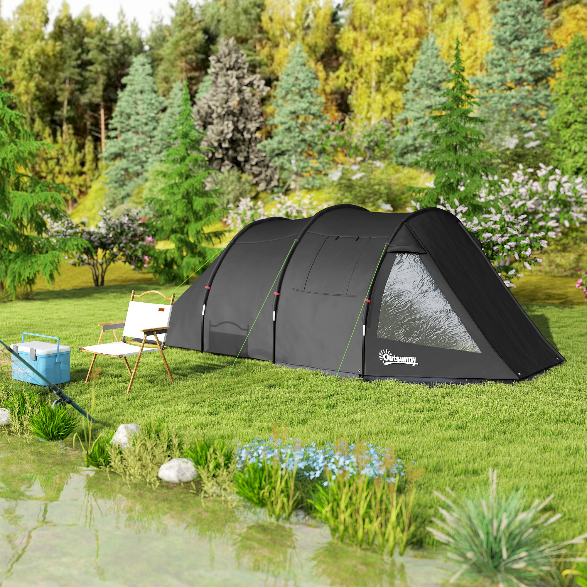Outsunny 3-4 Man Tunnel Tent, Two Room Camping Tent with Windows, Portable Carry Bag, for Fishing, Hiking, Sports, Festival - Black