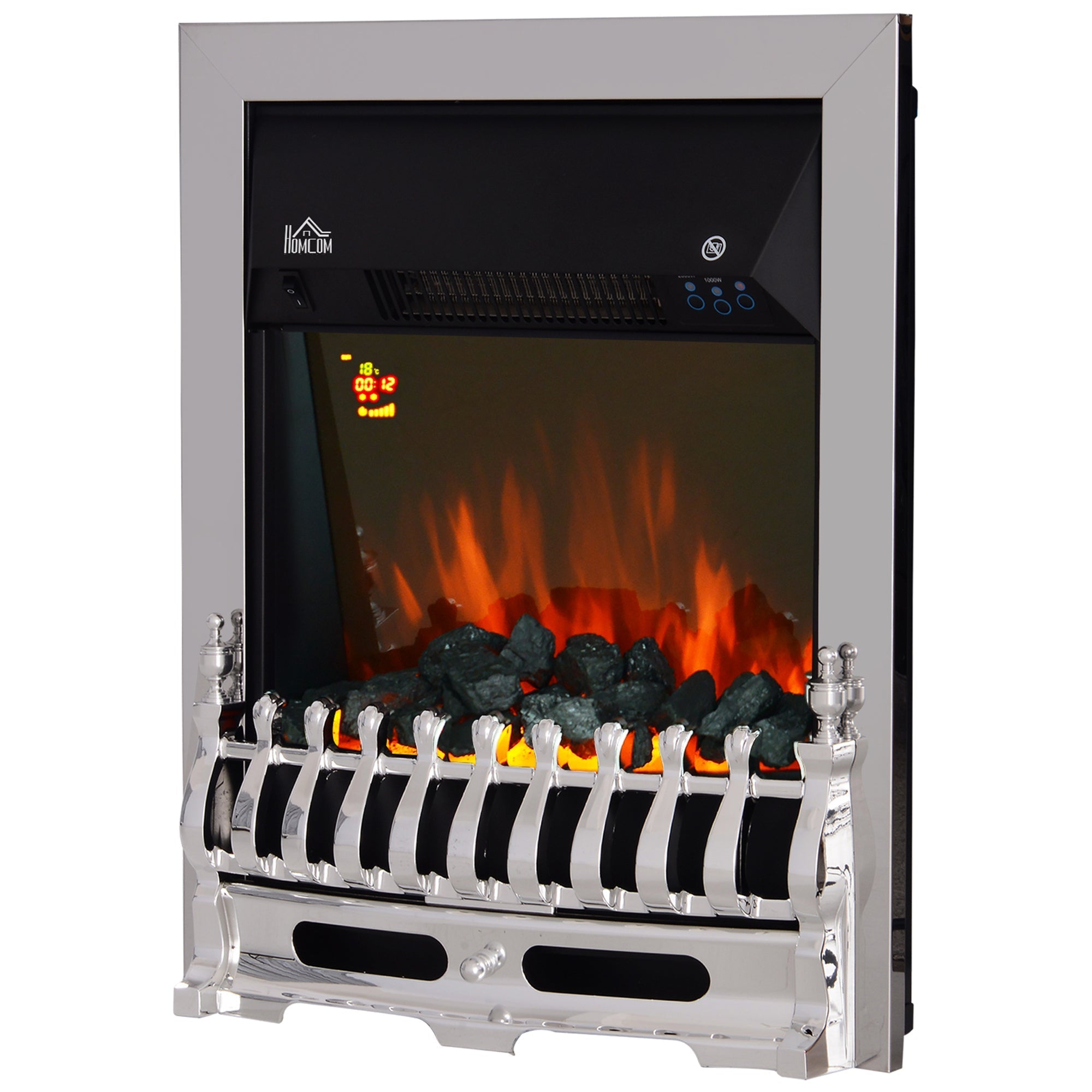 HOMCOM Contemporary Electric Fireplace Coal Burning Flame Effect Inset Fire Place Space Heater Glass View LED Lighting with Remote Control, 1000W/2000W, Silver