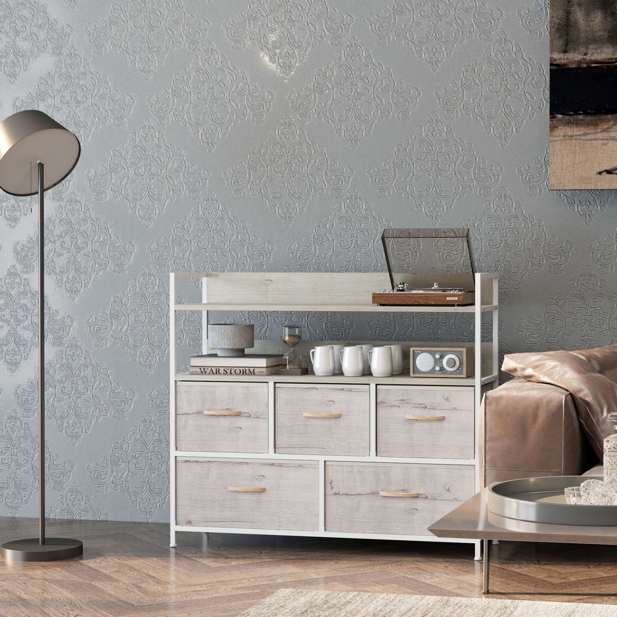 HOMCOM Rustic Chest of Five Fabric Drawers - Natural