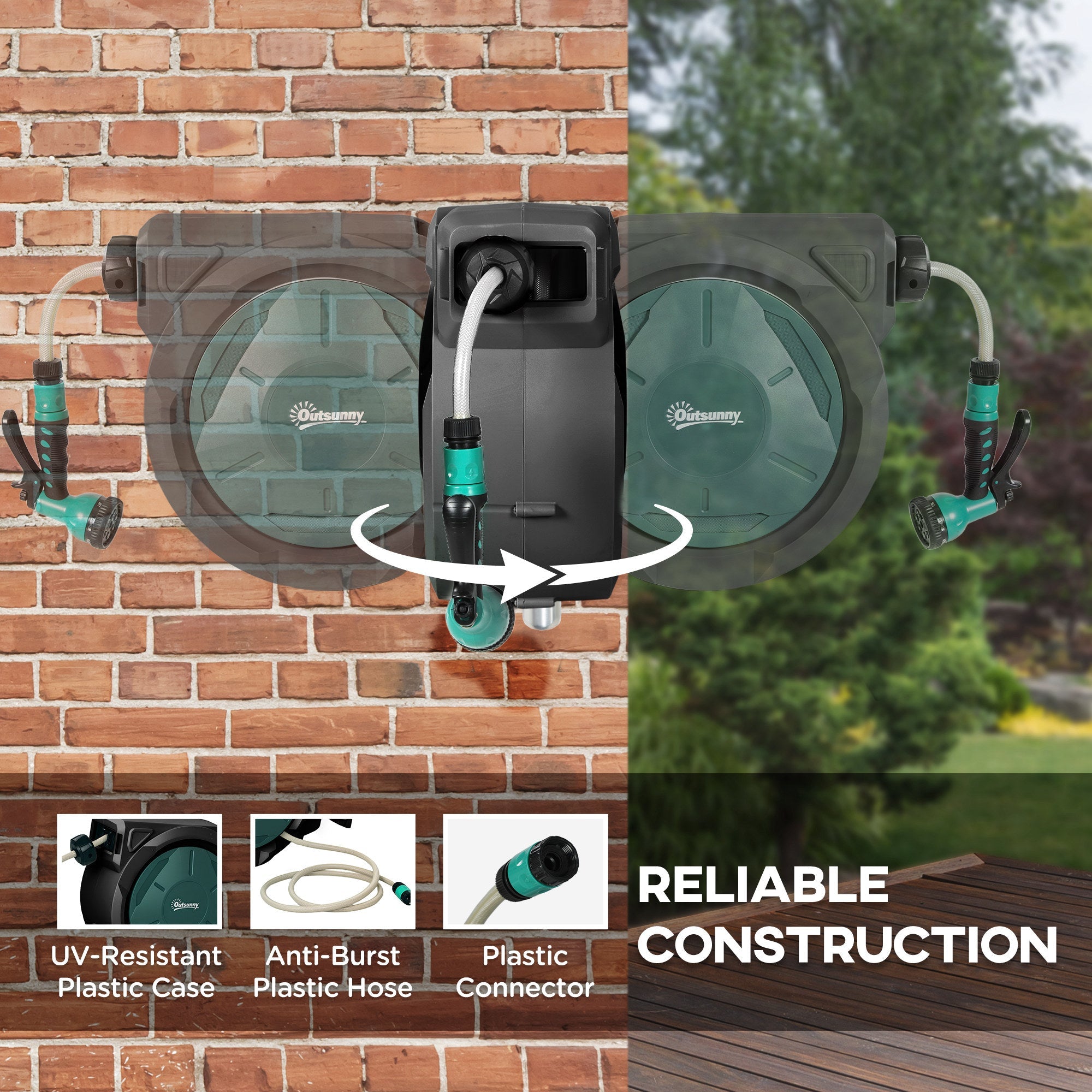Outsunny Retractable Hose Reel Wall Mounted, 30+2m Garden Hose Pipe Reel with Lock, Auto Rewind, 7 in 1 Spray Nozzle, Includes Wall Fixings, 180Â° Swivel, Outdoor Watering, 59 x 23 x 42 cm, Green