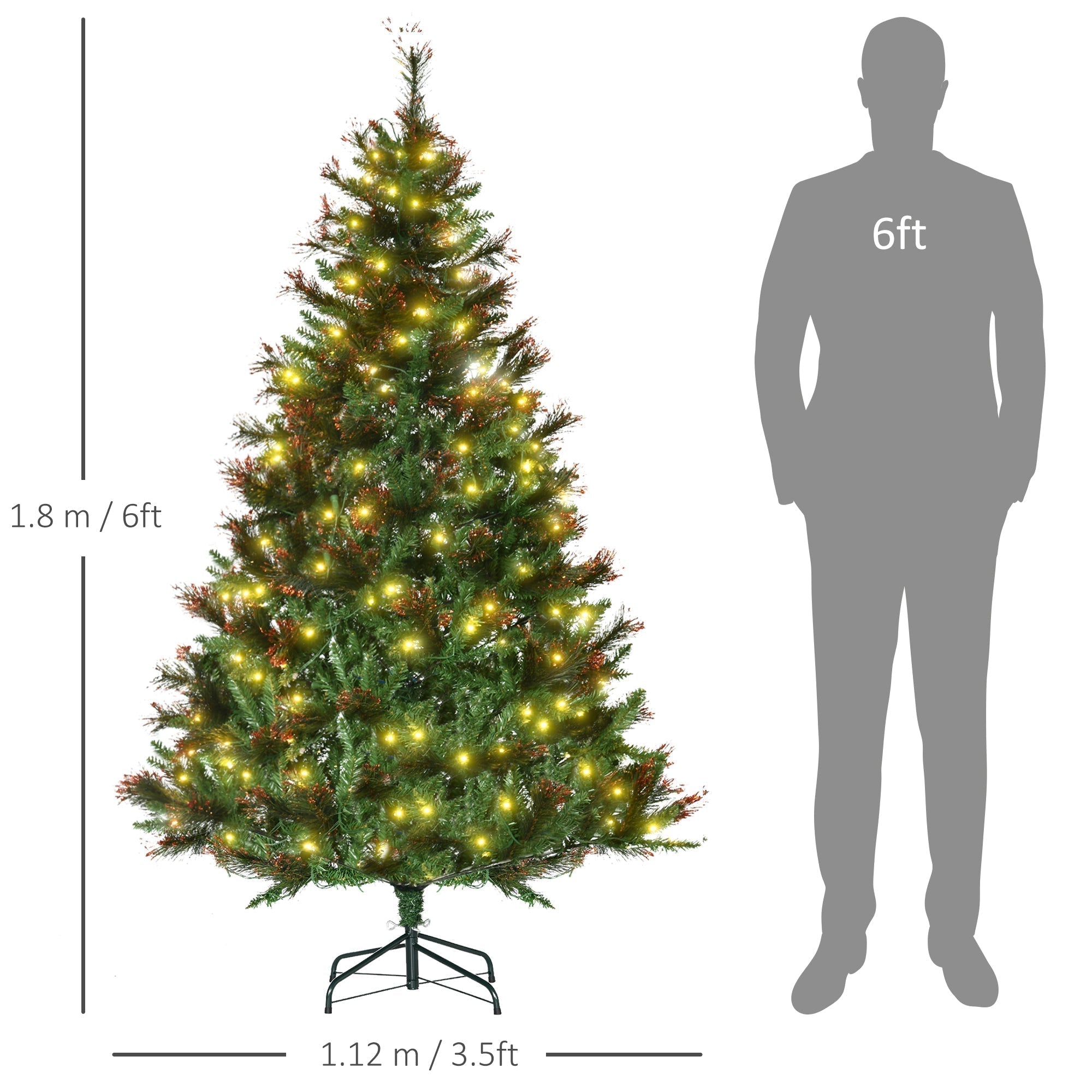 HOMCOM 1.8m 6ft Pre-Lit Christmas Tree Artificial Spruce Xmas Tree Warm White LED Holiday Decor with Metal Stand