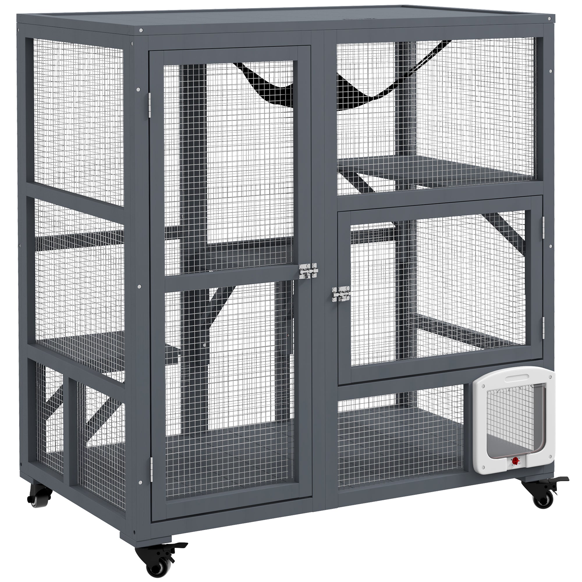 PawHut Cat House, Wooden Indoor Catio Cat Enclosure on Wheels, Wooden Kitty Cage with Platforms, Hammock, Light Grey