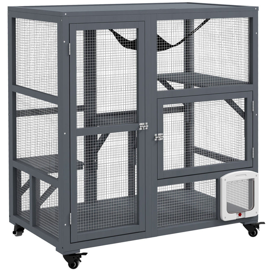 PawHut Cat House, Wooden Indoor Catio Cat Enclosure on Wheels, Wooden Kitty Cage with Platforms, Hammock, Light Grey