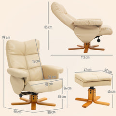 HOMCOM PU Leather Swivel Recliner Chair with Footstool, Wooden Base and Storage for Living Room, Beige