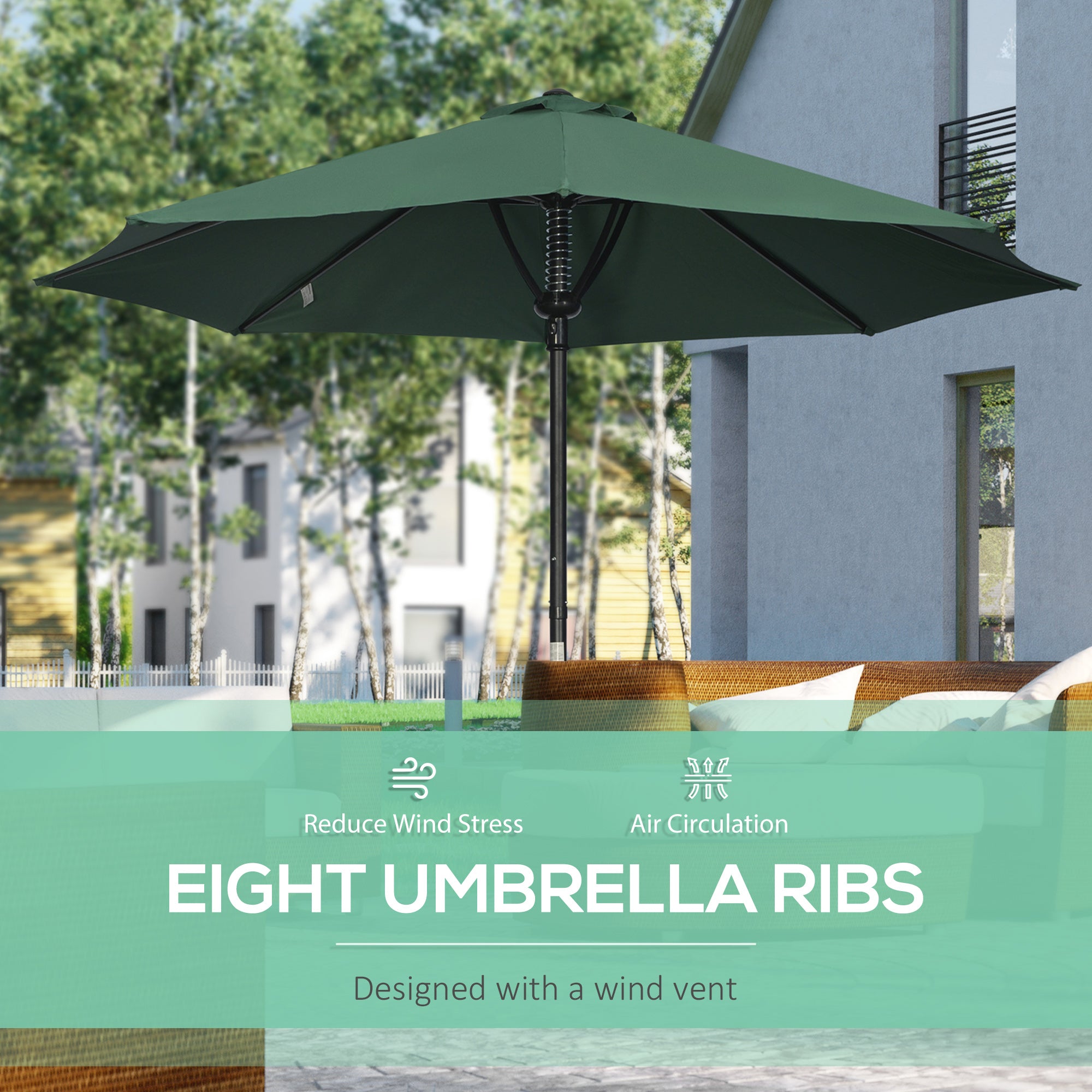 Outsunny Garden 3 m Parasol Umbrella, Outdoor Market Table Umbrella Sun Shade Canopy with 8 Ribs, Easy Push to Open, Green