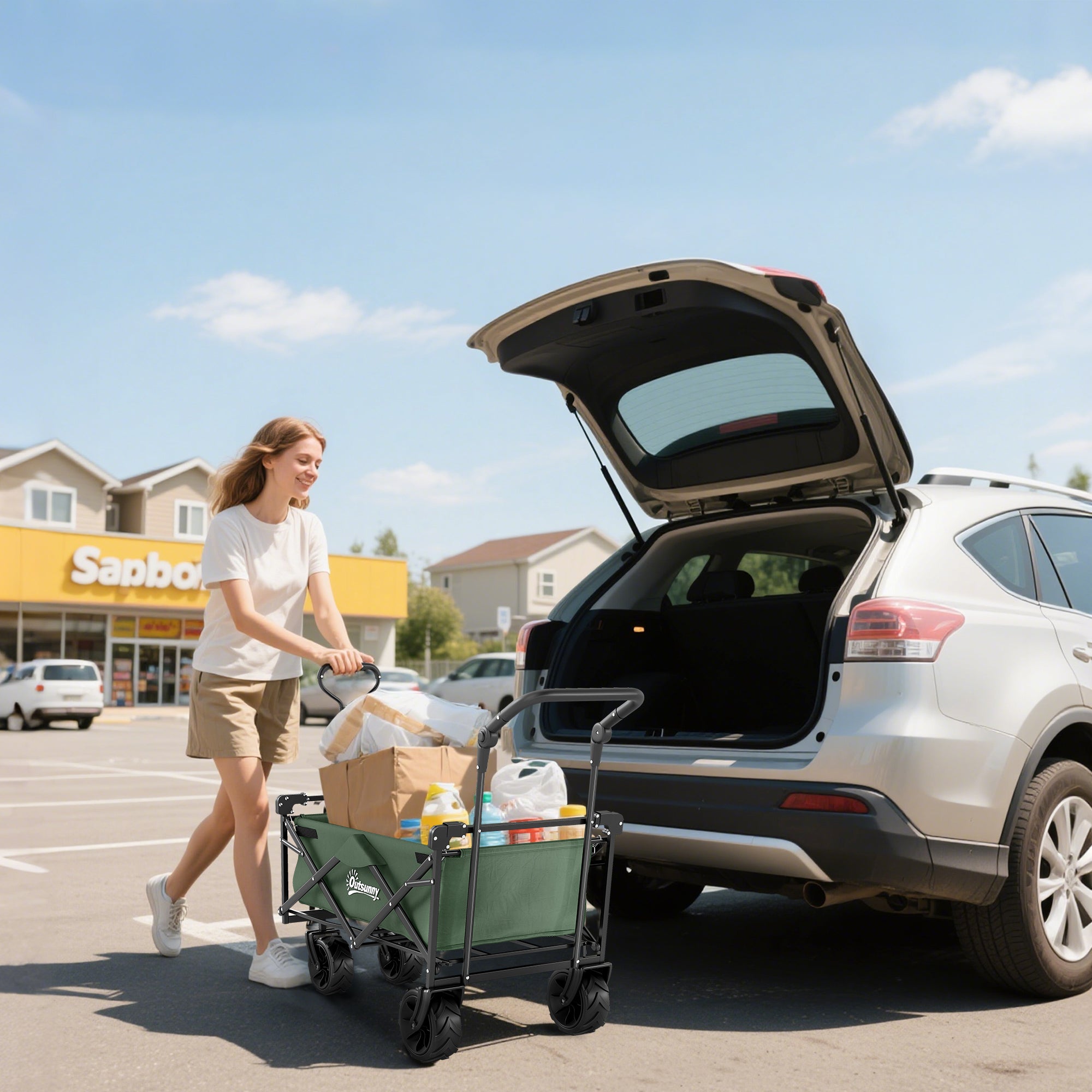 Outsunny Folding Trolley Cart Storage Wagon Beach Trailer 4 Wheels with Handle Overhead Canopy Cart Push Pull for Camping, Green
