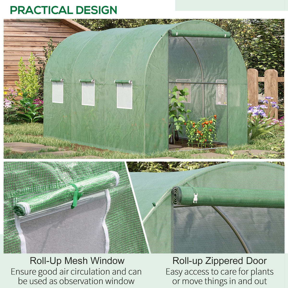 Outsunny Walk-in Polytunnel Greenhouse, Outdoor Garden Tunnel Greenhouse Tent with Zipped Roll-Up Door, Green