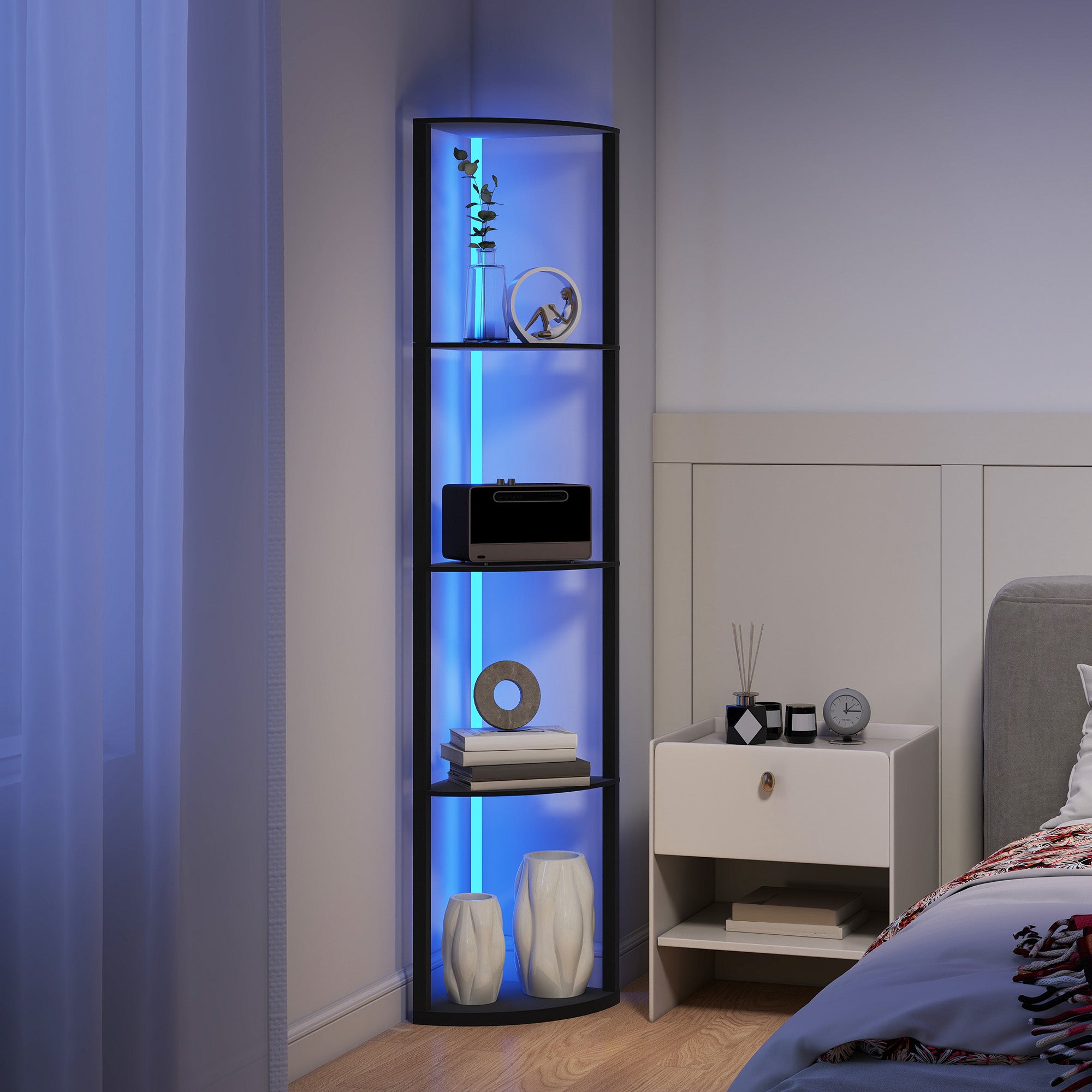 HOMCOM RGB LED Floor Lamp with Shelves, 5-Tier Dimmable Standing Lamp with Adjustable Brightness and Remote Control, Modern Corner Display Shelf Unit for Living Room Bedroom Office, Black