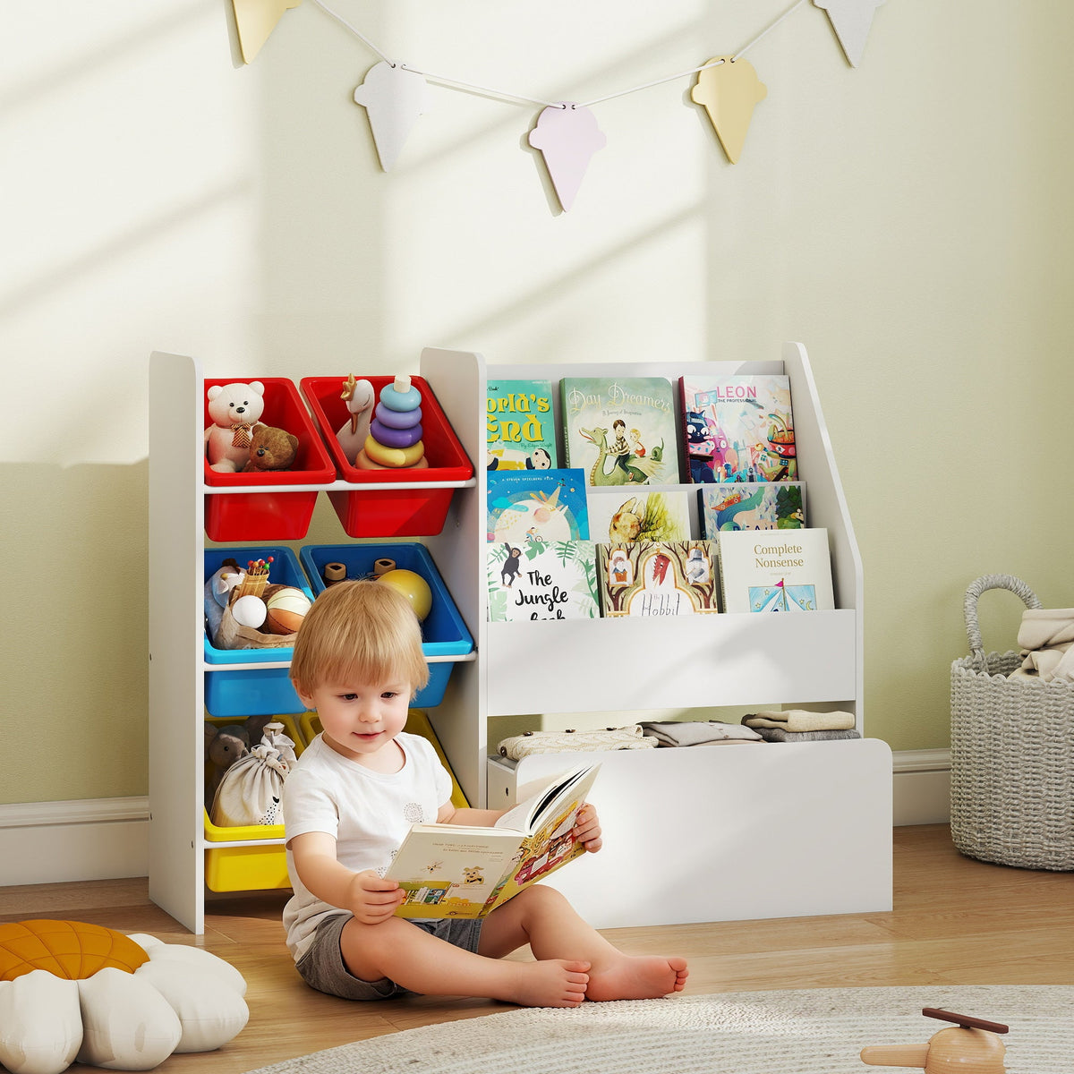 AIYAPLAY Toy Storage Unit, 3-Tier Toy Organiser Shelf with 6 Removable Storage Bins for Bedroom, Nursery, Multicoloured