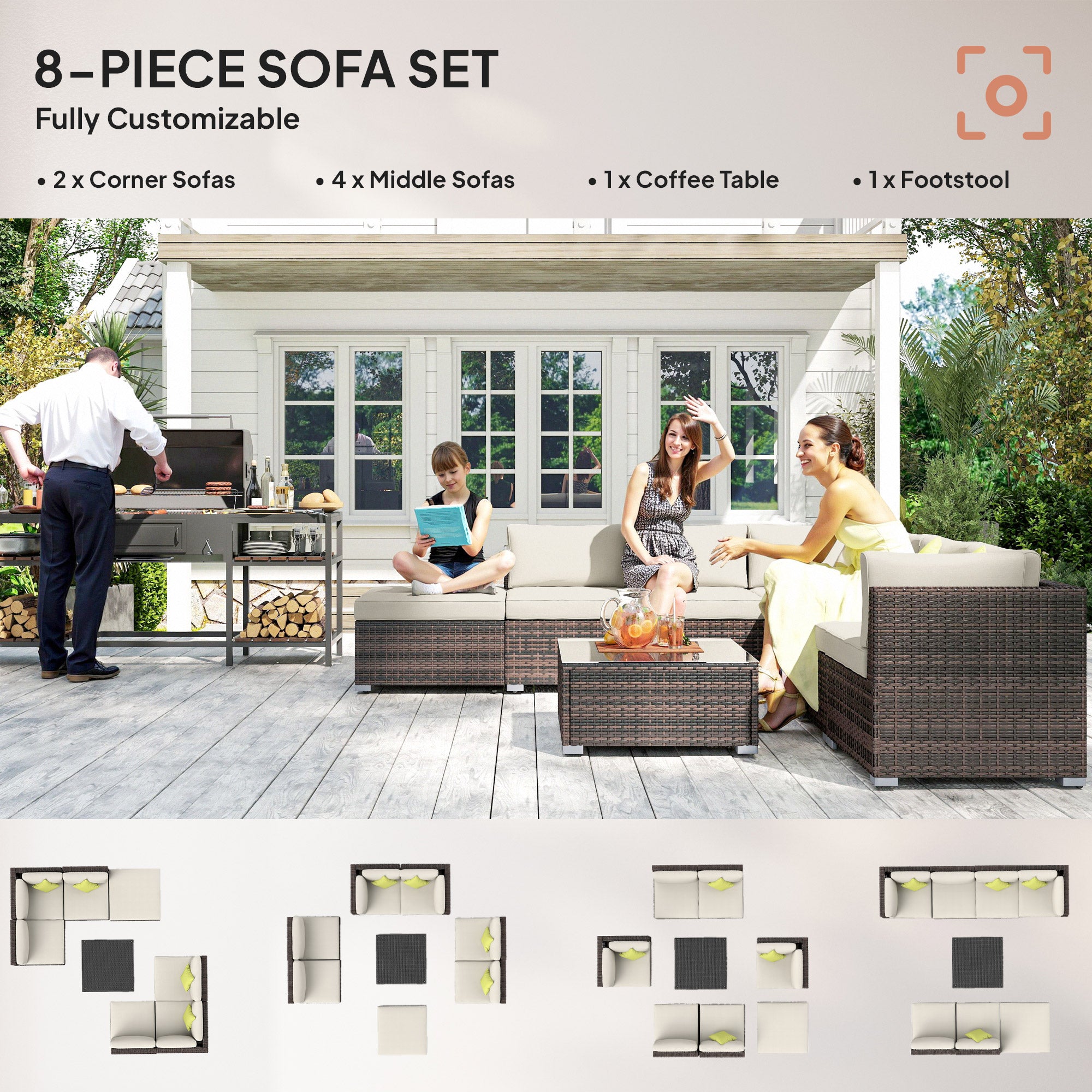 Outsunny 8 Piece Rattan Corner Sofa Set with Wide & Deep Seat, Assembled Aluminium PE Rattan Garden Furniture Set with Thick Cushions and Glass Top Table for Outdoor, Conservatory, Mixed Brown