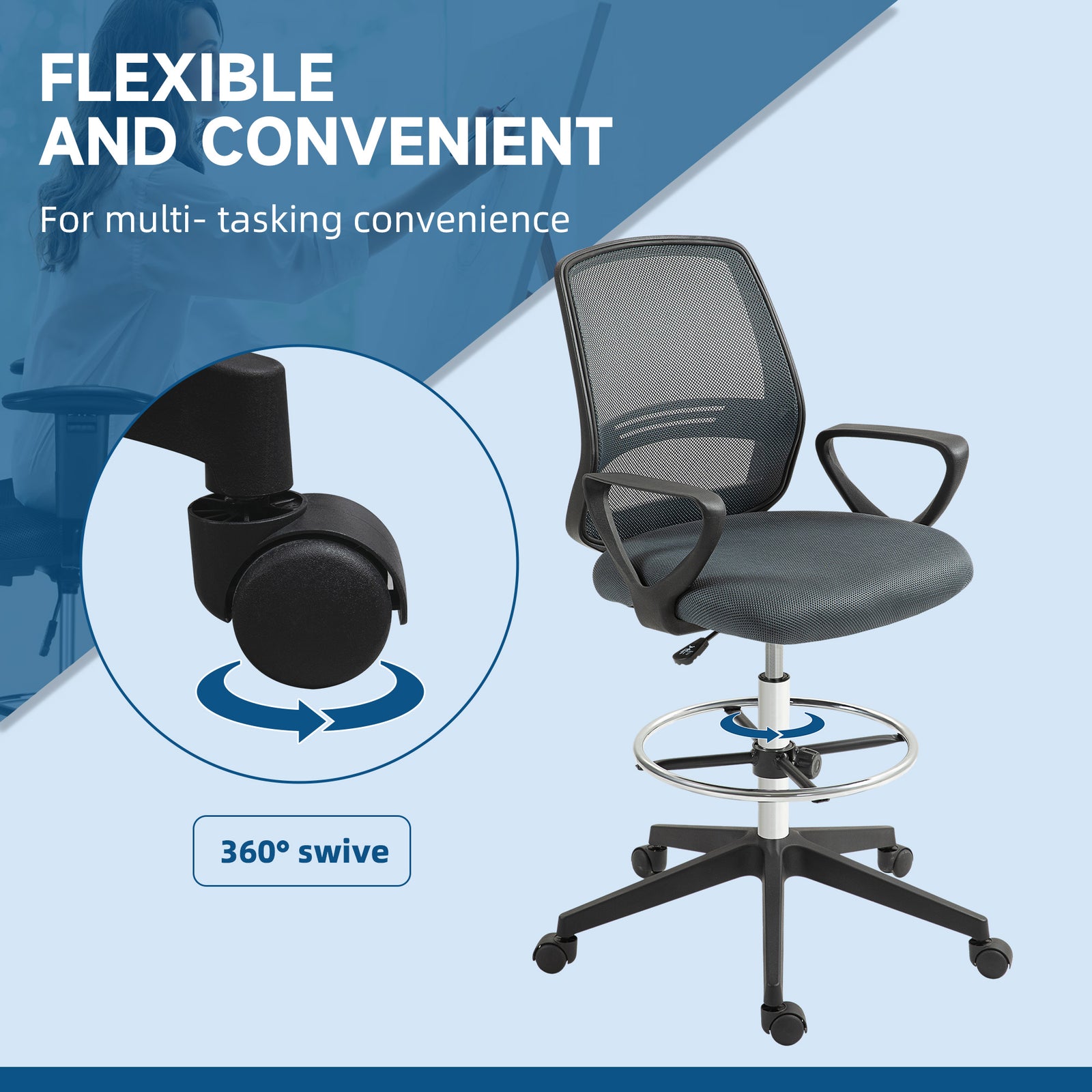 Vinsetto 102.5-126cm Draughtsman Office Chair, with Footrest - Grey