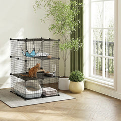 PawHut Indoor Cat Cage DIY Customizable 3-Tier Indoor Cat Enclosure with 3 Doors and Hammock 105 cm Black