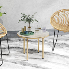 Outsunny Round Coffee Table, Modern End Side Table with Faux Marble Tempered Glass Top, Steel Frame for Living Room, Bedroom, Office, Beige