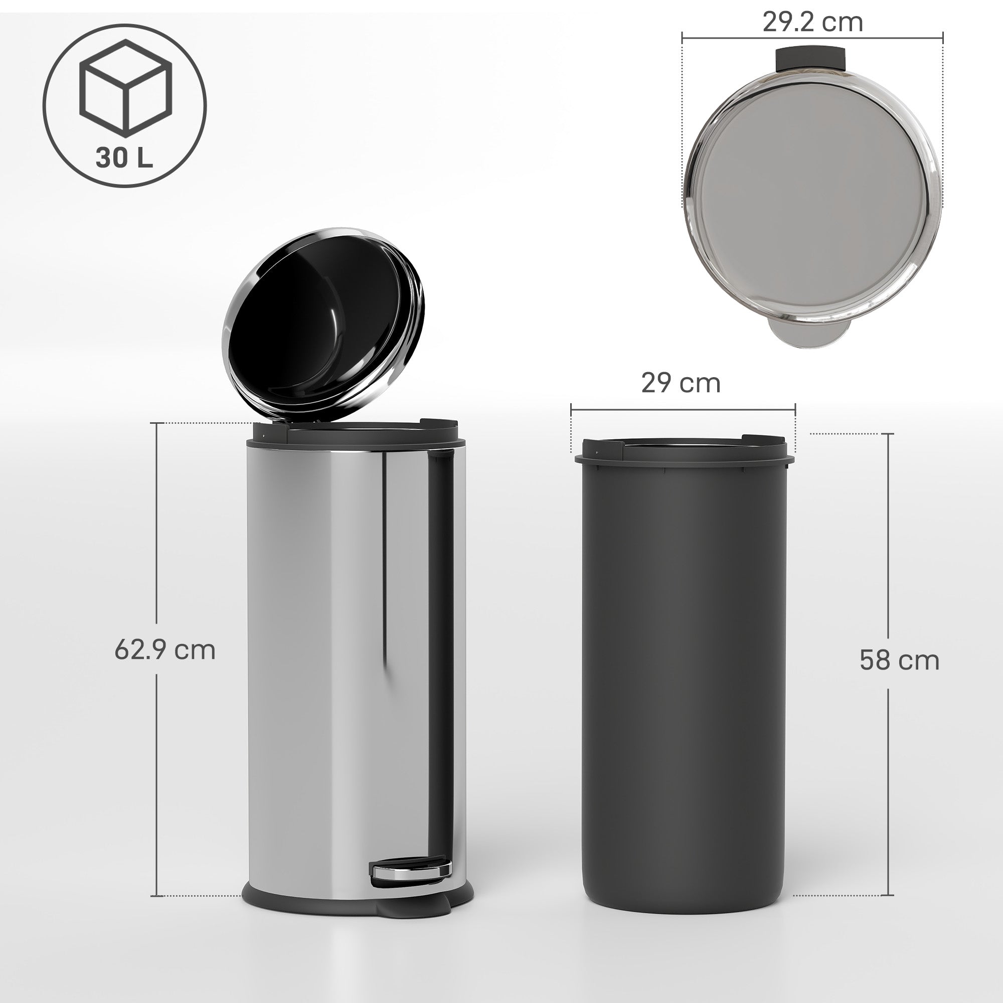 HOMCOM Foot Pedal Bin Stainless Steel Metal Waste Rubbish Lid Kitchen Garbage 30L Silver