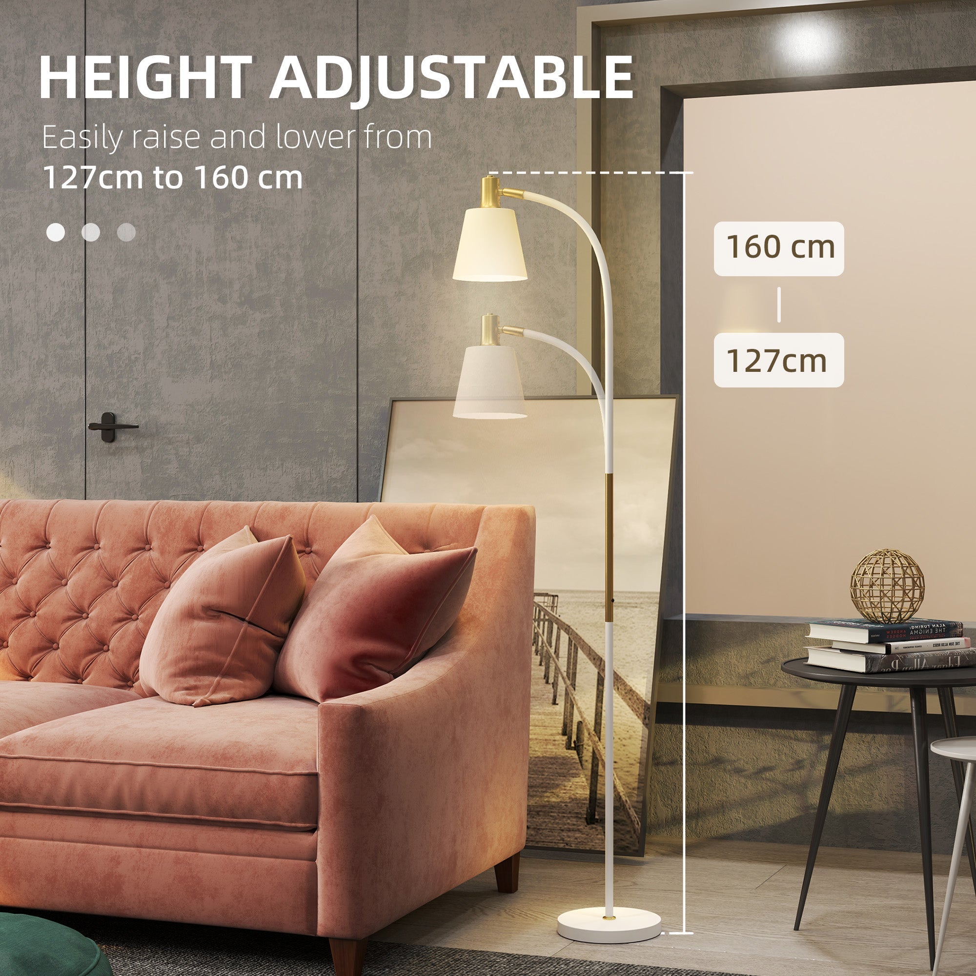 HOMCOM Floor Lamp for Living Room, Spotlight Reading Standing Lamp with Adjustable Height, Rocker on/off Switch, Indoor Task Lighting for Bedroom, Office, White (Bulb not Included)