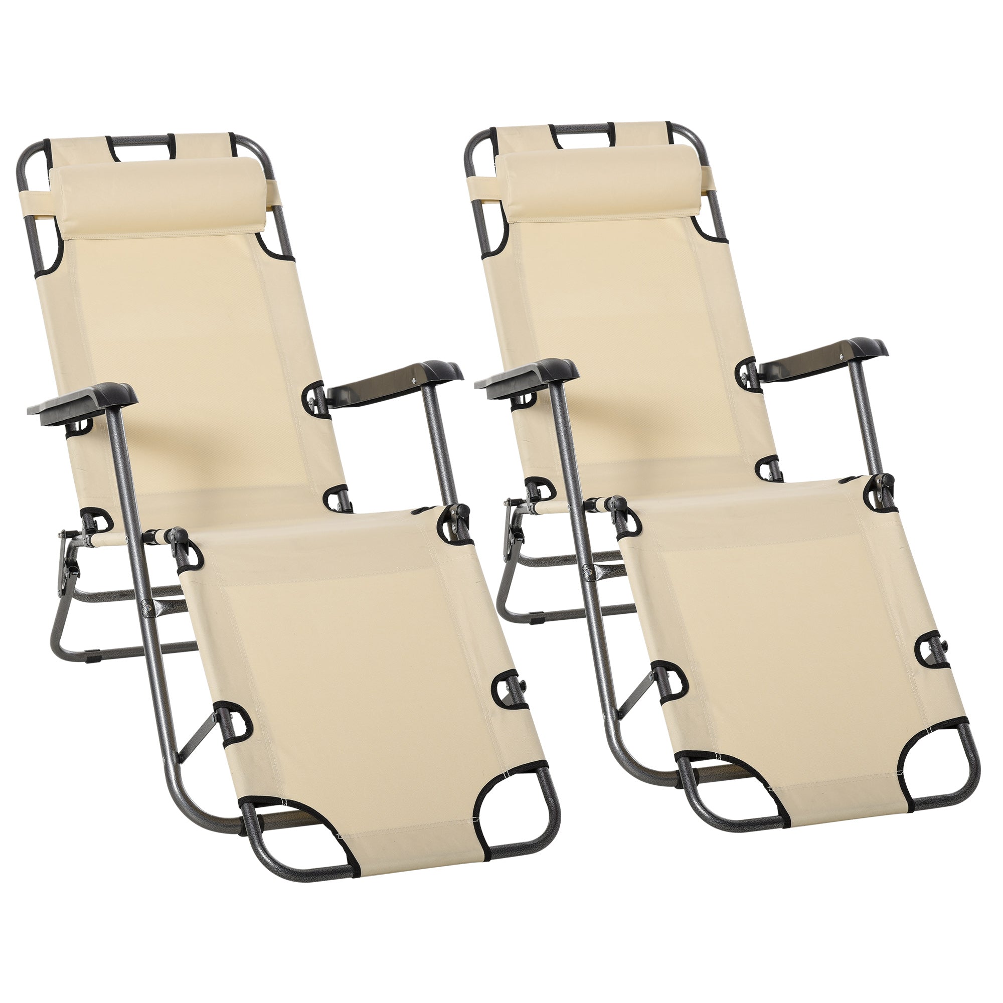 Outsunny 2 in 1 Folding Sun Lounger Reclining Garden Chair Set of 2 with 2-Level Adjustable Backrest, Outdoor Zero Gravity Recliner Garden Chairs with Head Pillow and Armrests, Beige