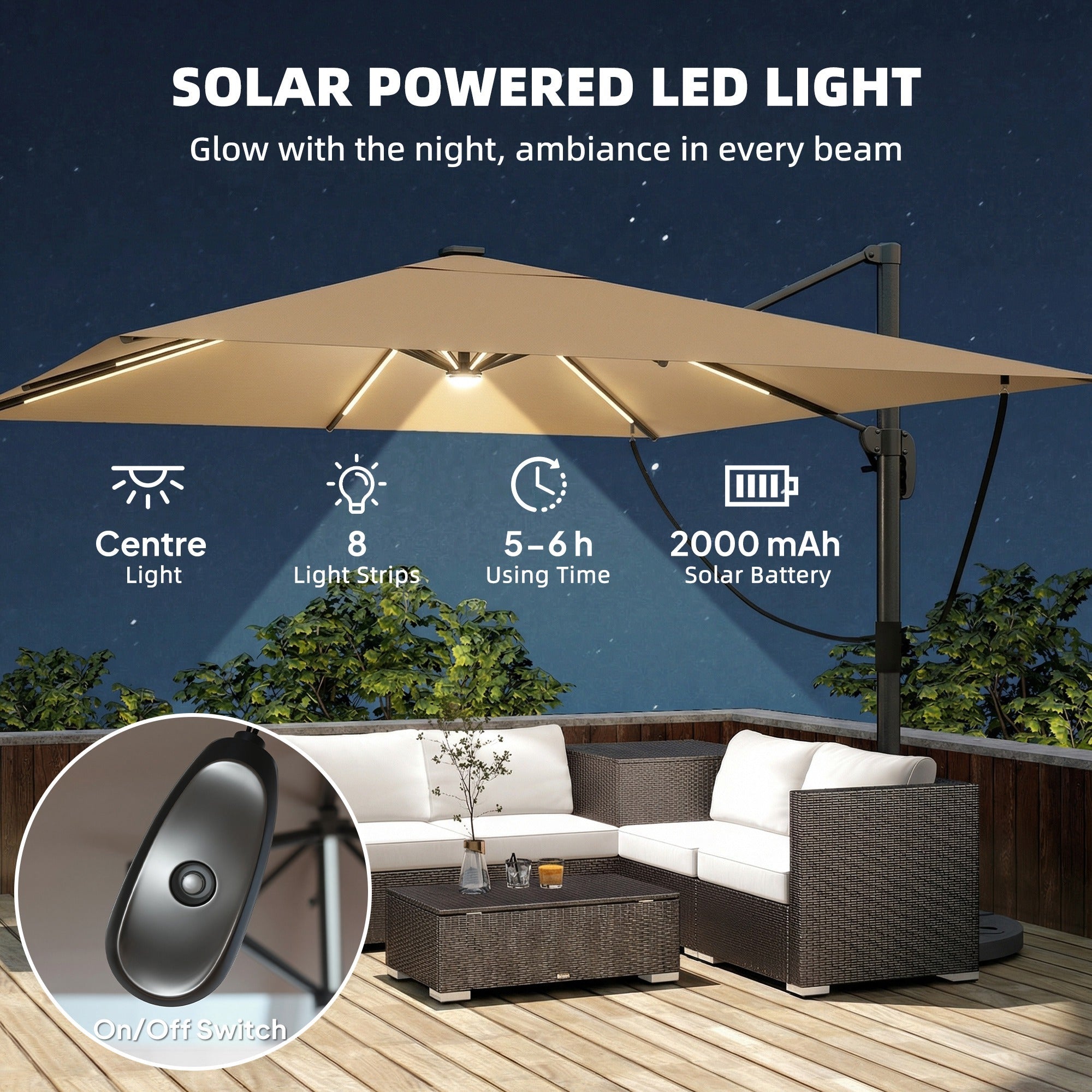 Outsunny 3 x 3 m Garden Cantilever Parasol with Light, Cover, Overhanging Umbrella w/ Wind Protection, 360Â° Rotation, Khaki