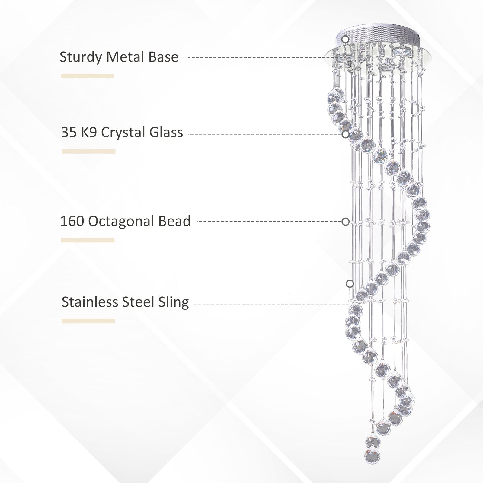 HOMCOM Modern Crystal Chandelier Ceiling Light Pendant Lamp Chrome Finish Glass Droplets New, 30 x 120cm