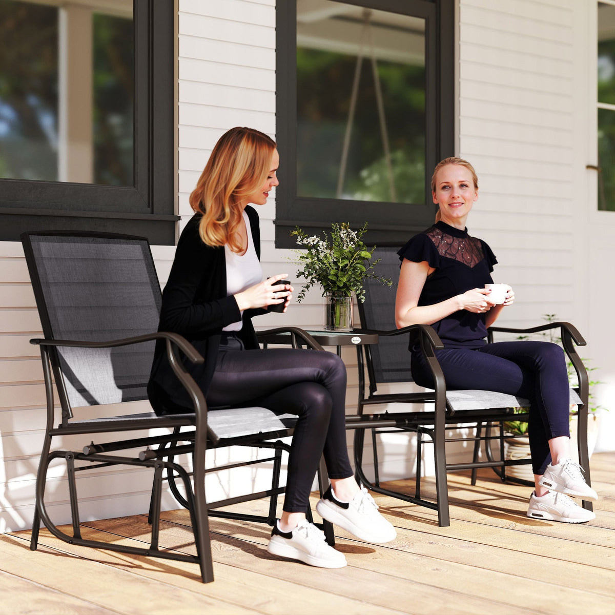 Outsunny Gliding Jack and Jill Seat, with Glass-Top Table - Brown/Grey