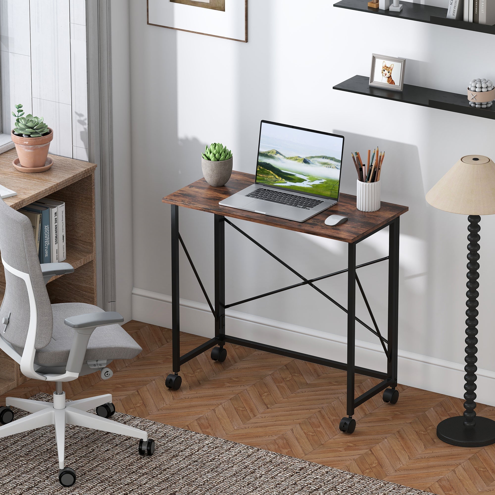 HOMCOM 80 cm Folding Desk on Wheels - Rustic Brown