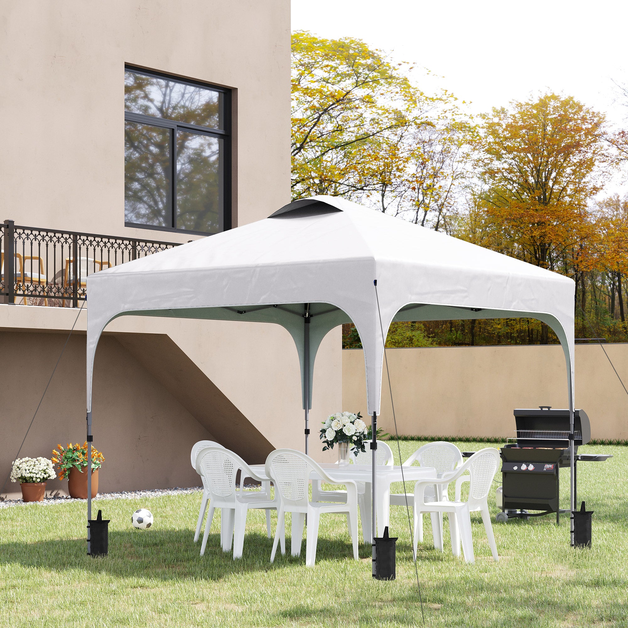Outsunny 3 x 3(M) Pop Up Gazebo, UPF 50+ Foldable Canopy Tent with Wheeled Carrybag, 4 Leg Weight Bags, Height Adjustable Marquee Shelter 1 person easy setup for Outdoor Garden Patio Party, White
