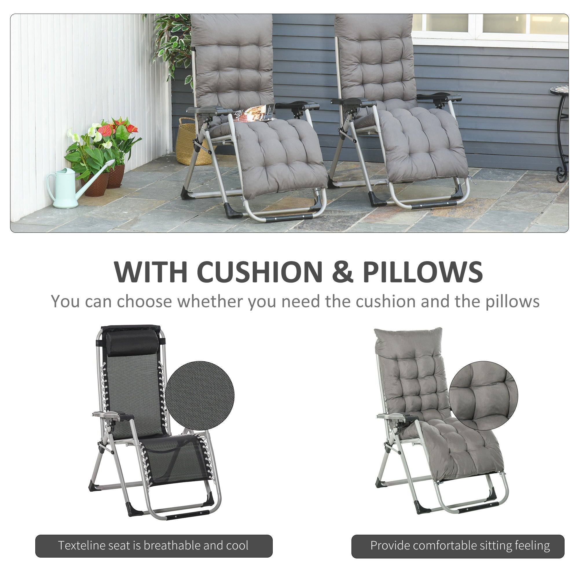 Outsunny 2pc Reclining Zero Gravity Sun Loungers ,Folding Chaise Lounge Chair with Cushions, Dark Grey