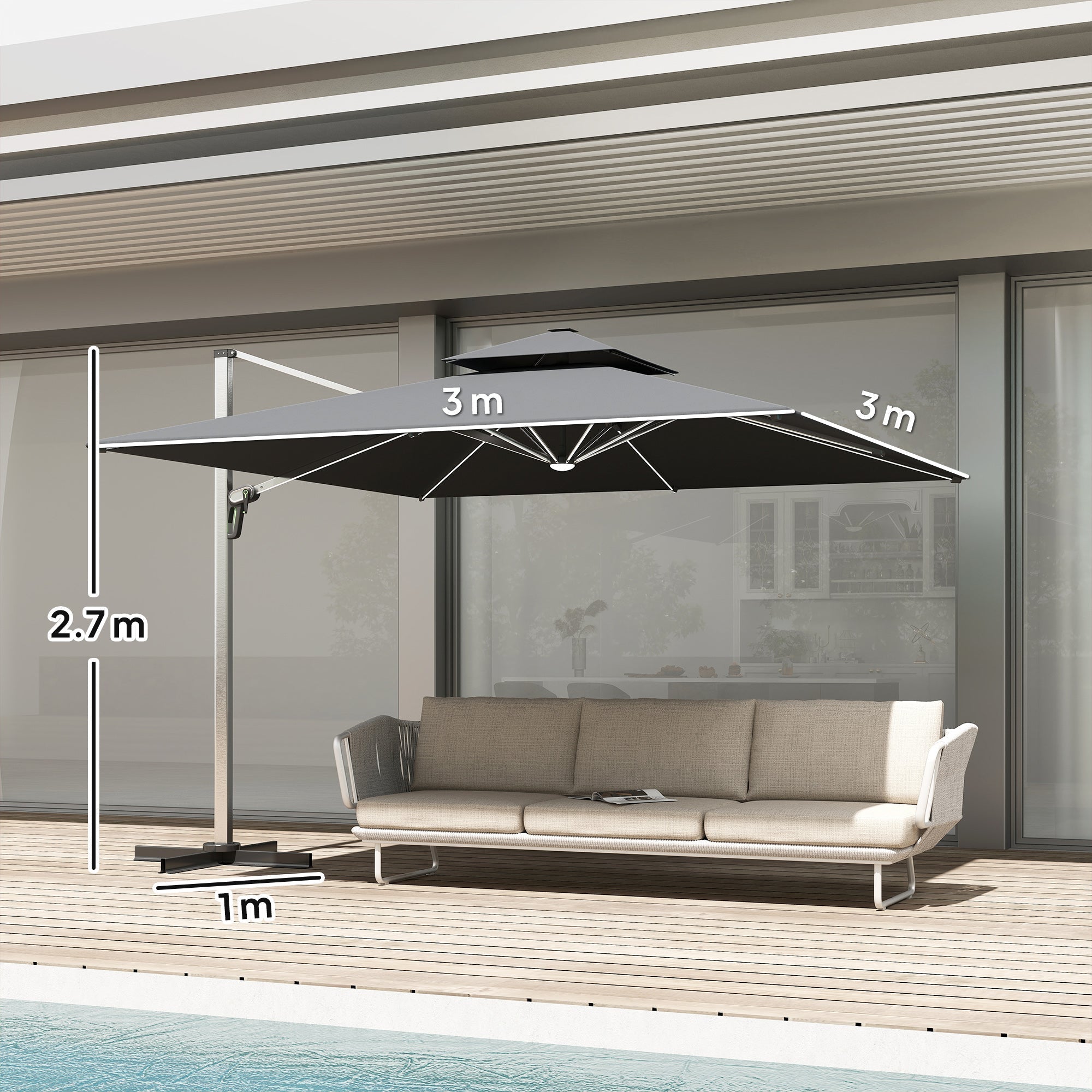 Outsunny 3(m) Garden Cantilever Parasol with Solar LED Lights, Cross Base, 360 degrees Rotation, Crank Handle and Tilt, Grey