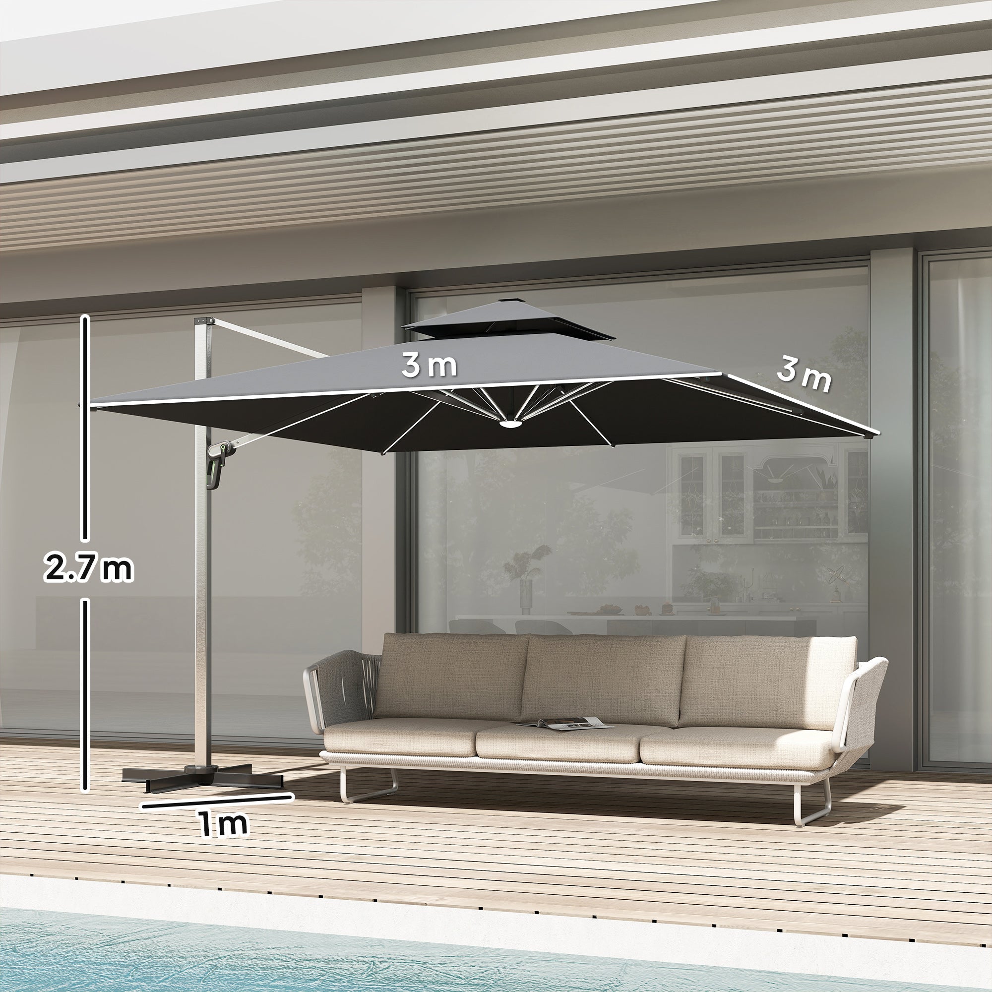 Outsunny 3(m) Garden Cantilever Parasol with Solar LED Lights, Cross Base, 360Â° Rotation, Crank Handle and Tilt, Grey