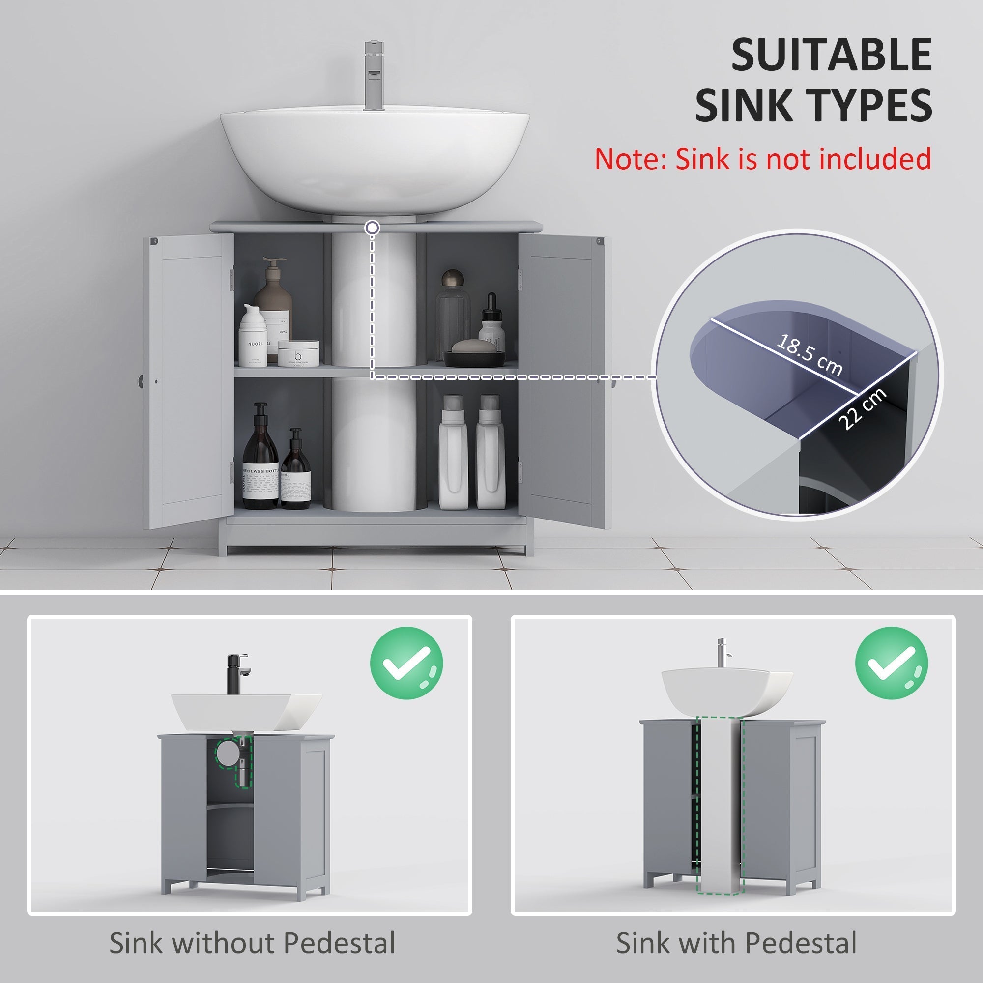kleankin 60x60cm Under-Sink Storage Cabinet w/ Adjustable Shelf Handles Drain Hole Bathroom Cabinet Space Saver Organizer Grey