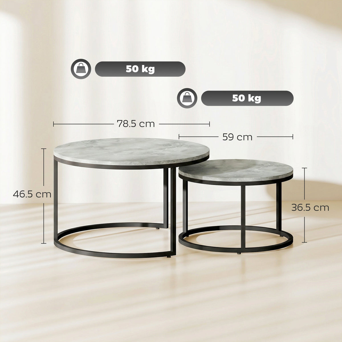 HOMCOM Set of Two Marble-Effect Stacking Tables - Grey