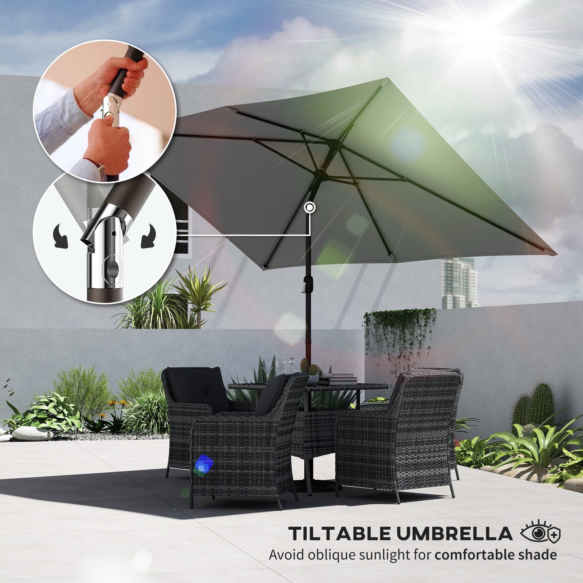 Outsunny Garden Parasol, Parasol Umbrella with Crank Handle, Tilt Function, Polyester Canopy, Light Grey