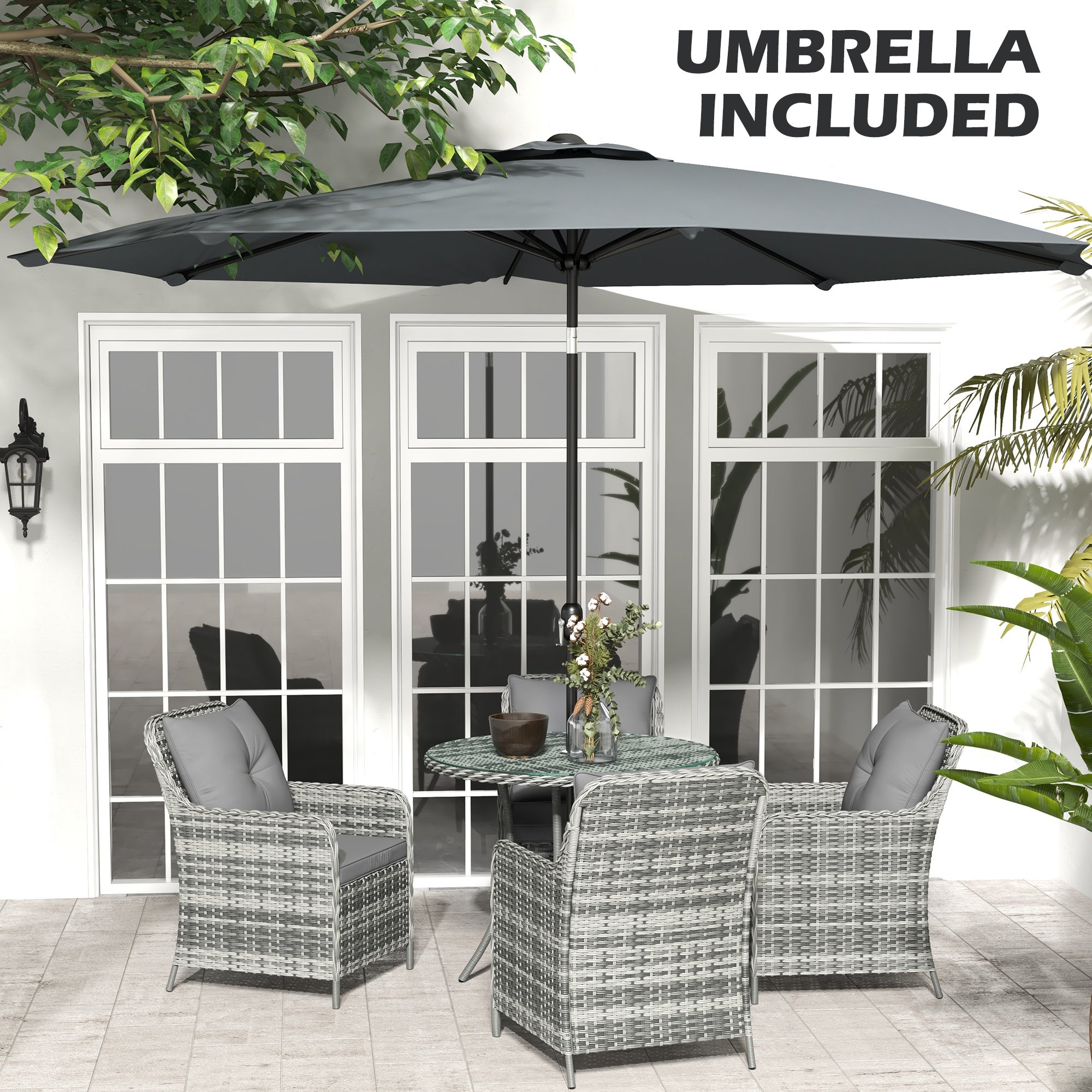 Outsunny 4 Seater Rattan Dining Set with Parasol & Cushions - Mixed Grey