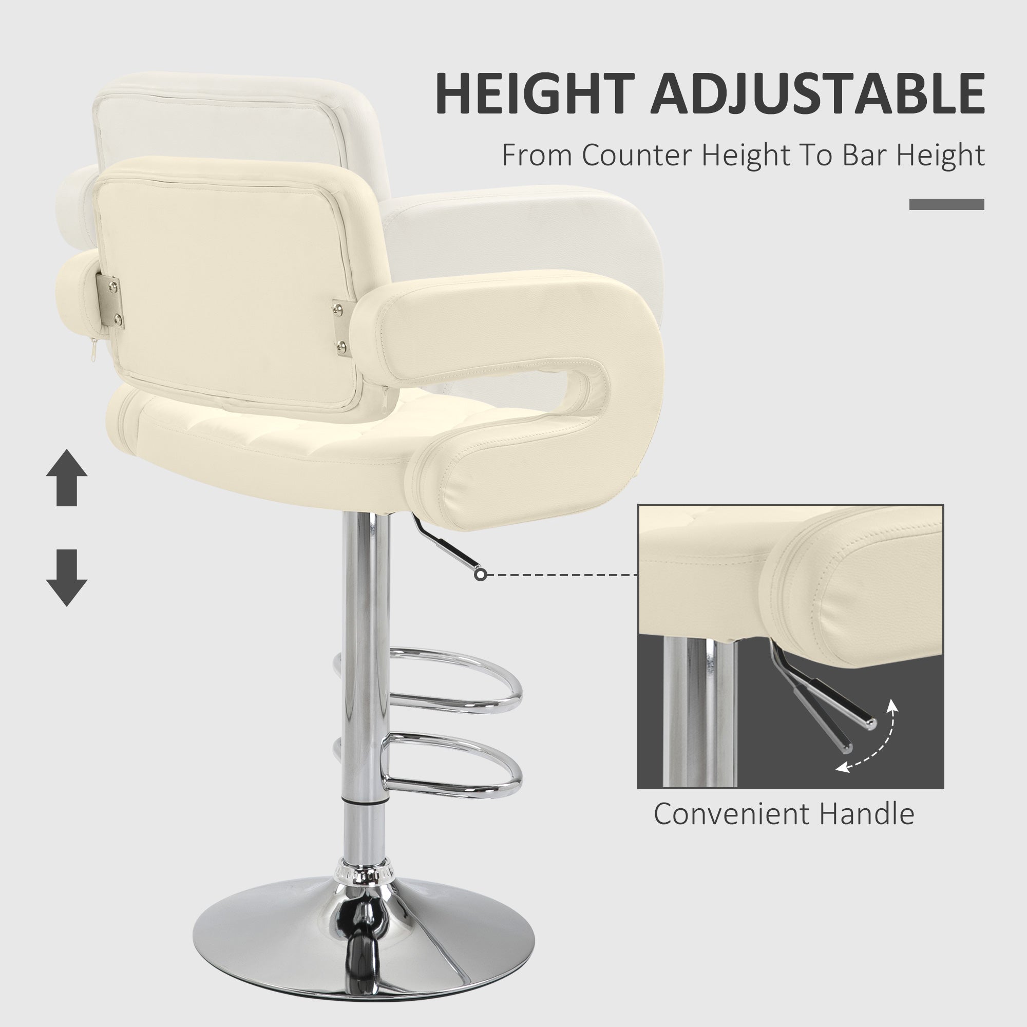 HOMCOM PU Leather Upholstered Swivel Bar Stool, Height Adjustable with Back, Armrest, Footrest, Beige
