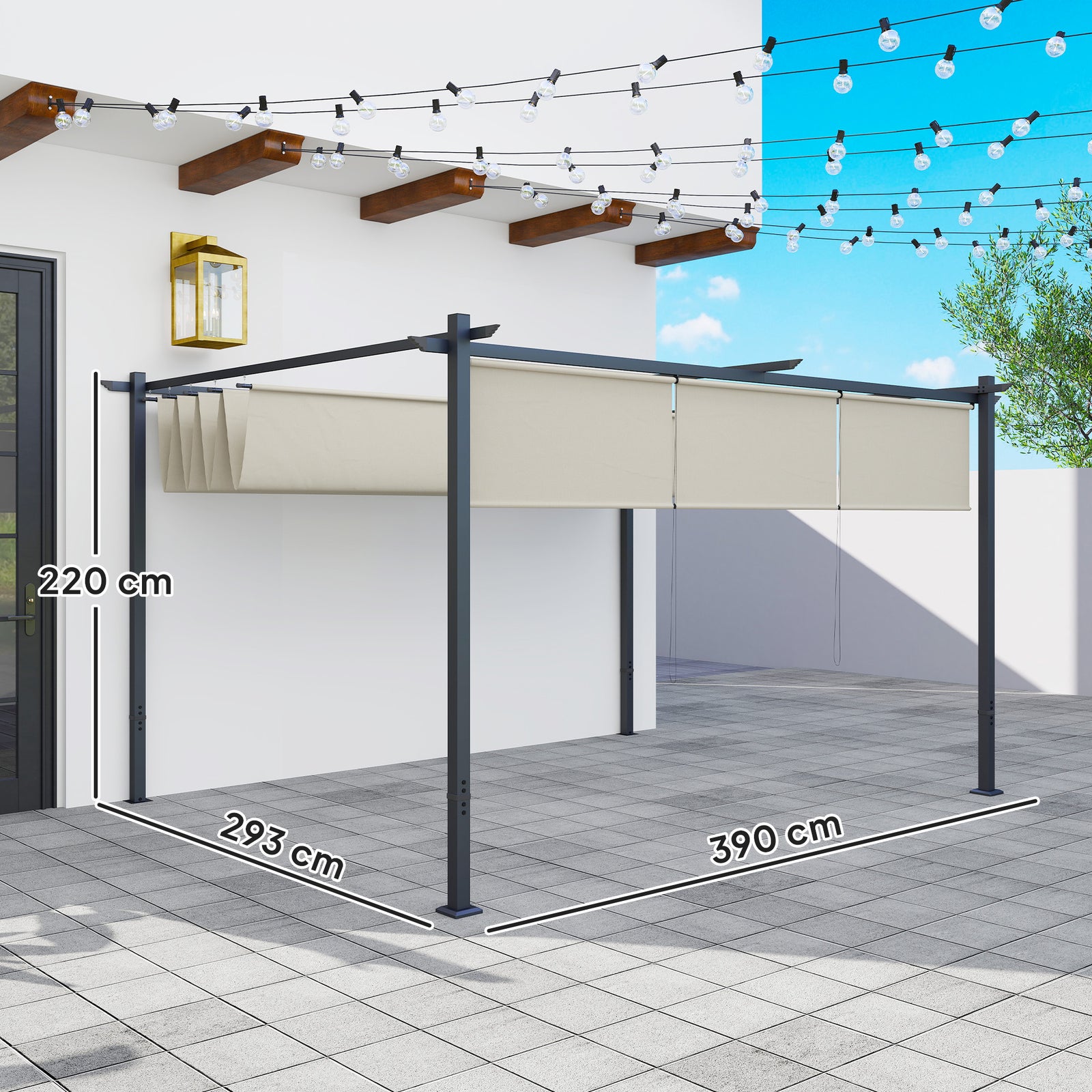 Outsunny 3 x 4m Metal Pergola with Retractable Roof and Roller Shade, Free Standing Gazebo Canopy Pergola Kit, UPF30+ Outdoor Sun Shelter, Beige
