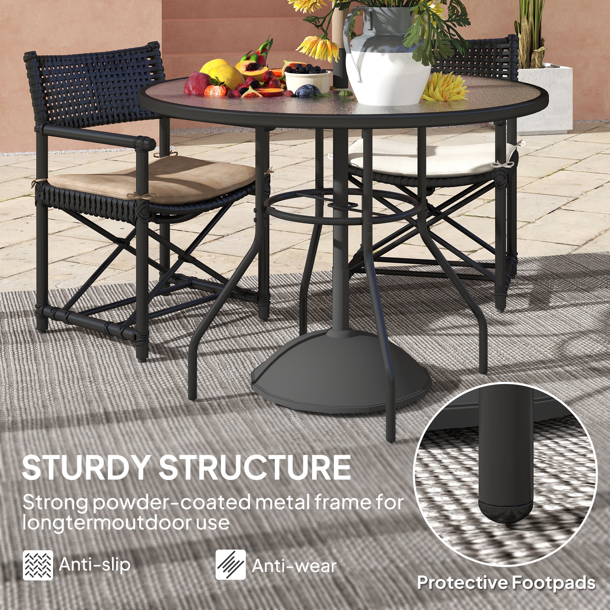 Outsunny Glass-Top Garden Table, with Parasol Hole - Black