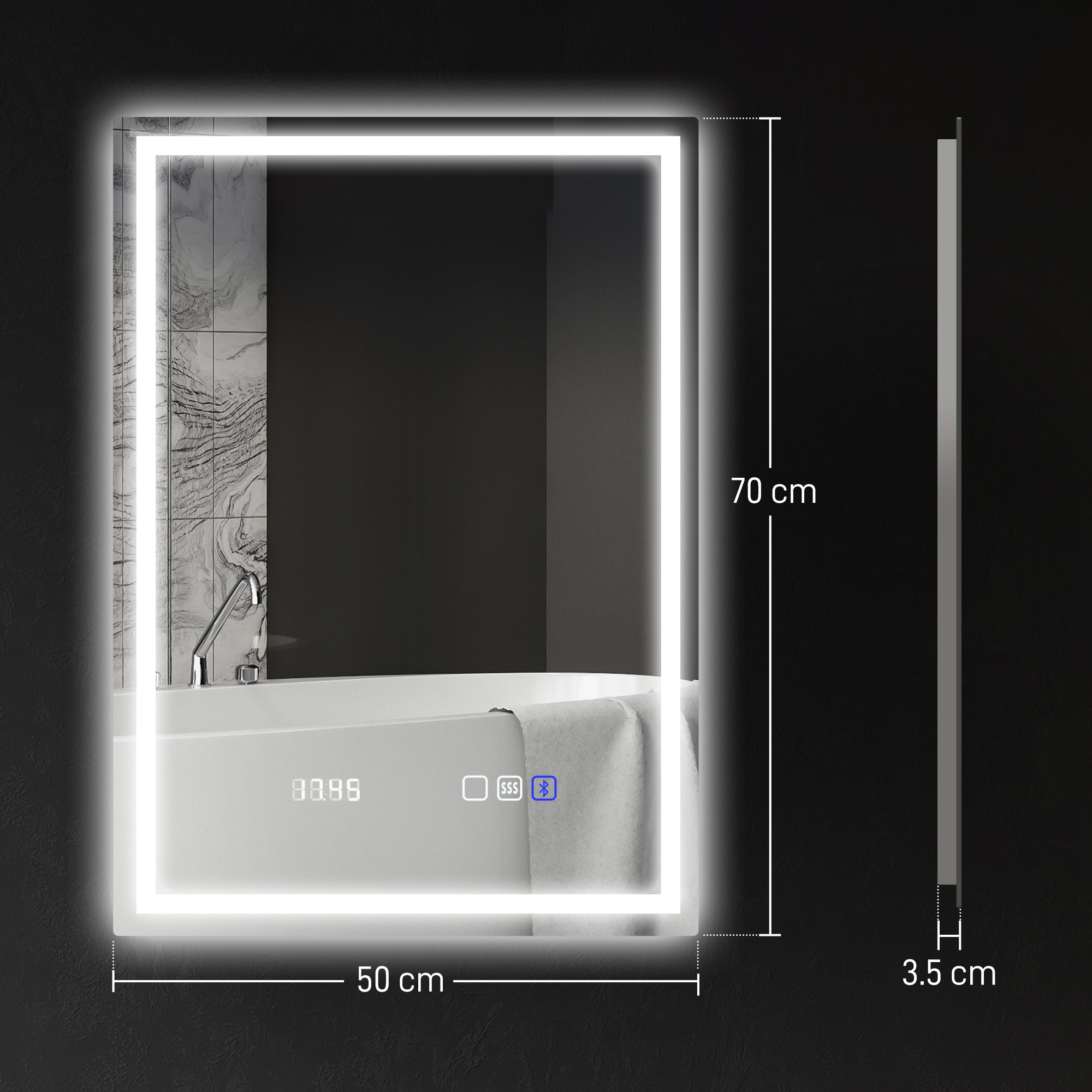 HOMCOM 50 x 70 cm Anti-Fog LED Bathroom Mirror, with Bluetooth and Clock - Silver Tone