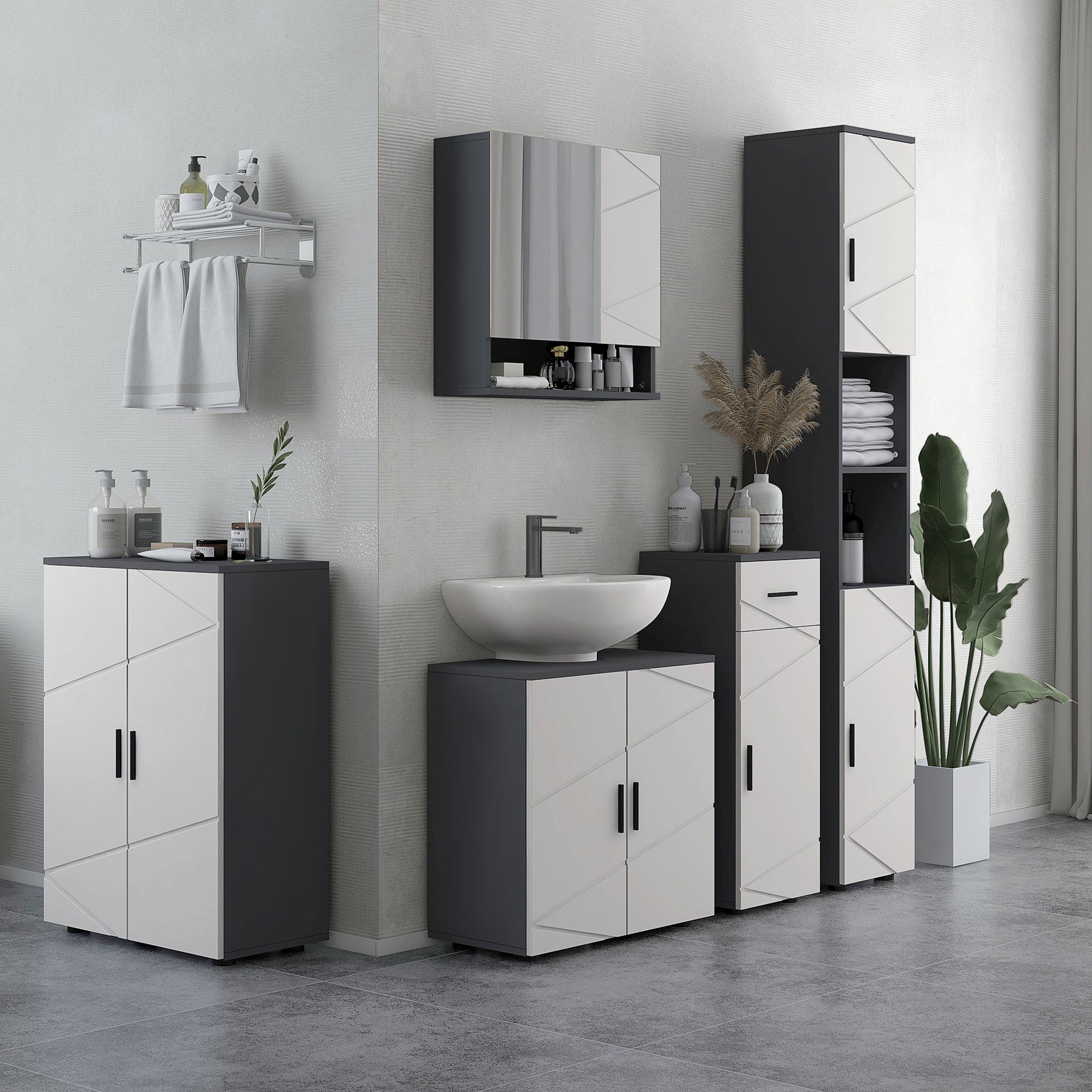 kleankin Line Embossed Tall Bathroom Storage Cabinet - Grey